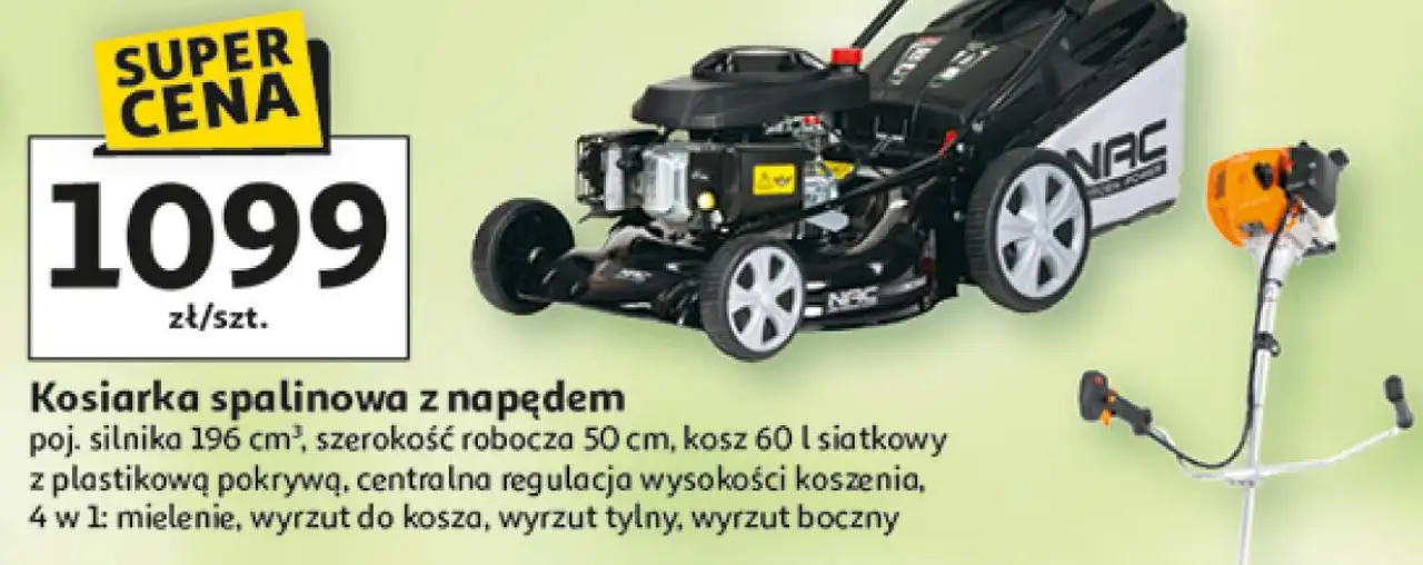 Kosiarka spalinowa z napędem NAC poj. silnika 196 cm³, szerokość robocza 50 cm, kosz 60 l siatkowy z plastikową pokrywą, centralna regulacja wysokości koszenia, 4 w 1: mielenie, wyrzut do kosza, wyrzut tylny, wyrzut boczny