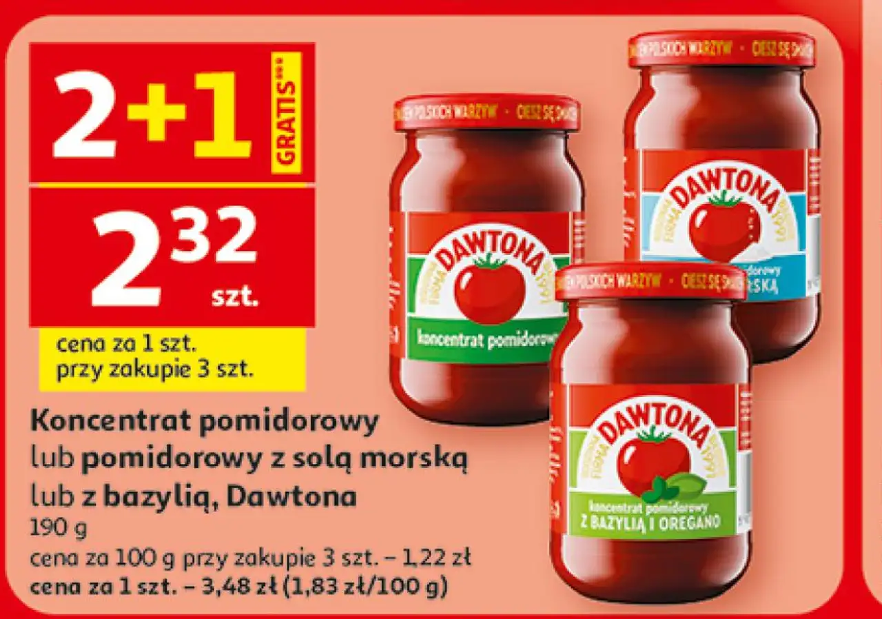 Koncentrat pomidorowy lub pomidorowy z solą morską lub z bazylią, Dawtona
