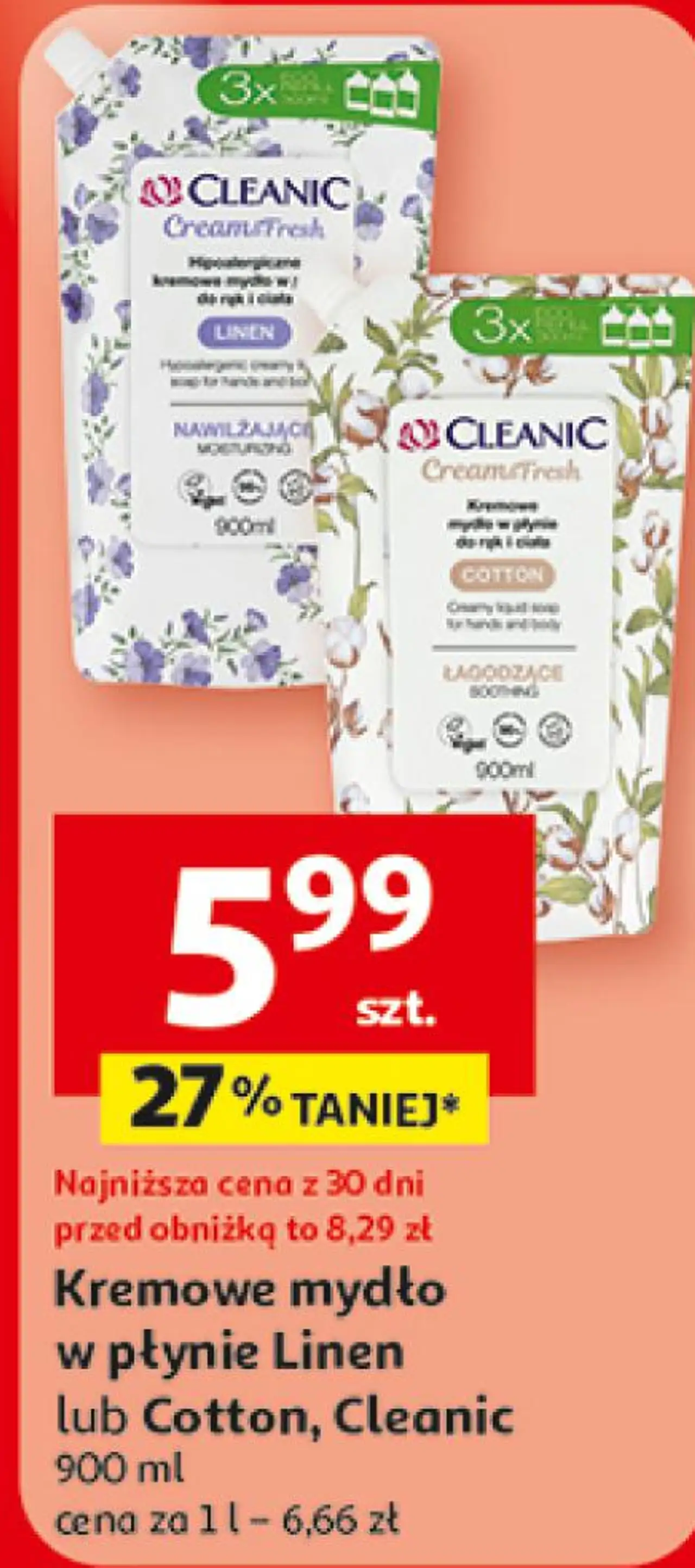 Kremowe mydło w płynie Linen lub Cotton, Cleanic 900 ml
