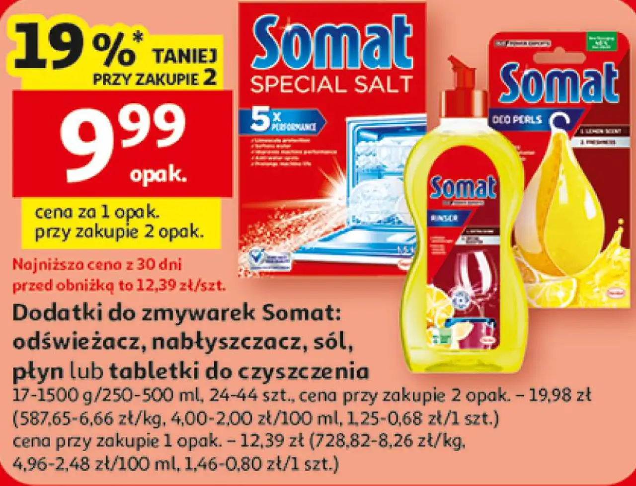 Dodatki do zmywarek Somat: odświeżacz, nabłyszczacz, sól, płyn lub tabletki do czyszczenia 17-1500 g/250-500 ml, 24-44 szt.