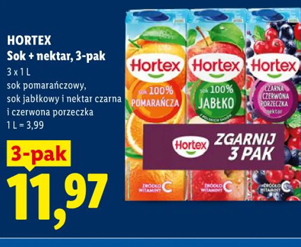 HORTEX Sok + nektar, 3 - pak sok pomarańczowy, sok jabłkowy i nektar czarna i czerwona porzeczka 3 x 1 L