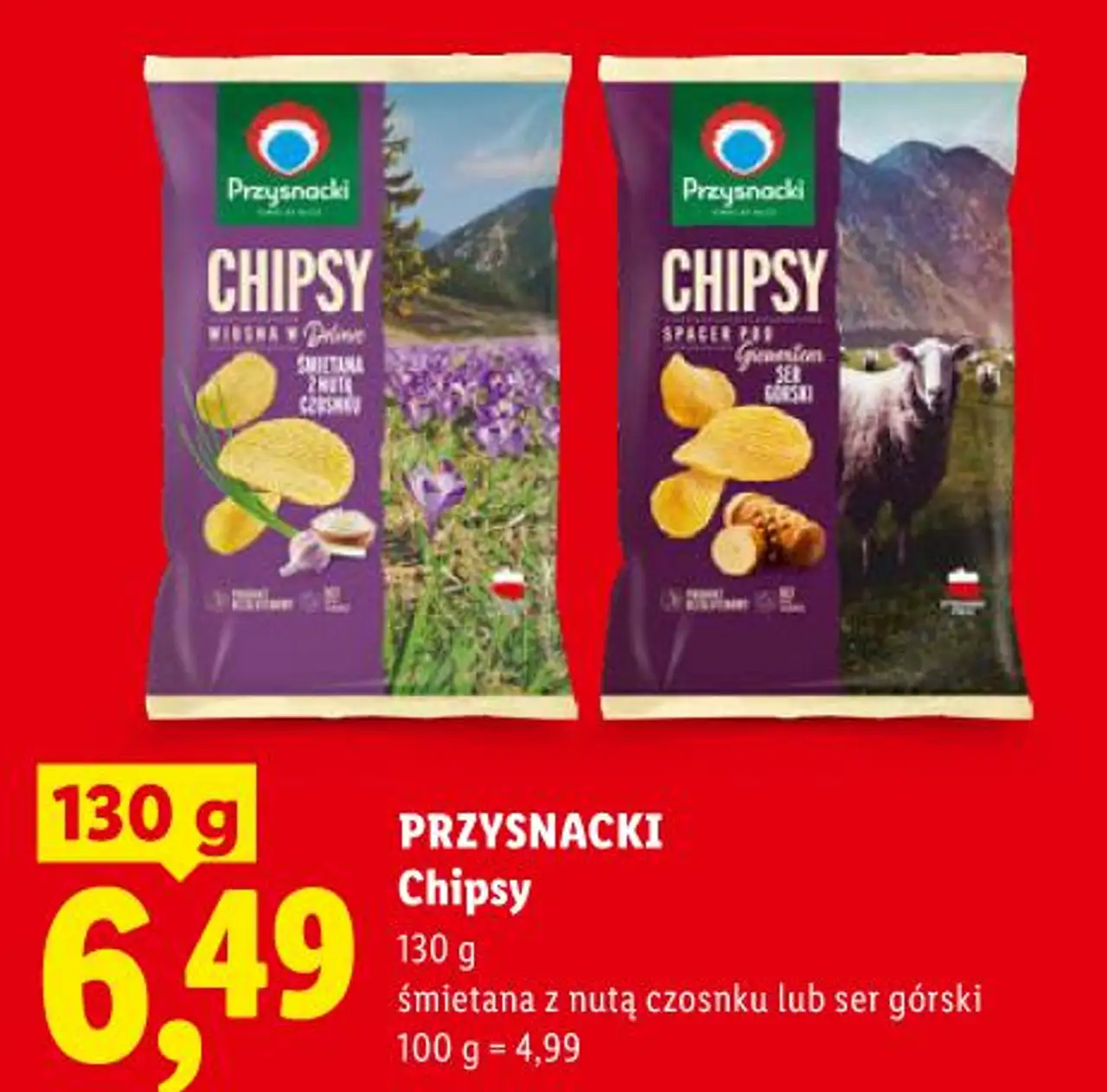 PRZYSNACKI Chipsy 130 g śmietana z nutą czosnku lub ser górski