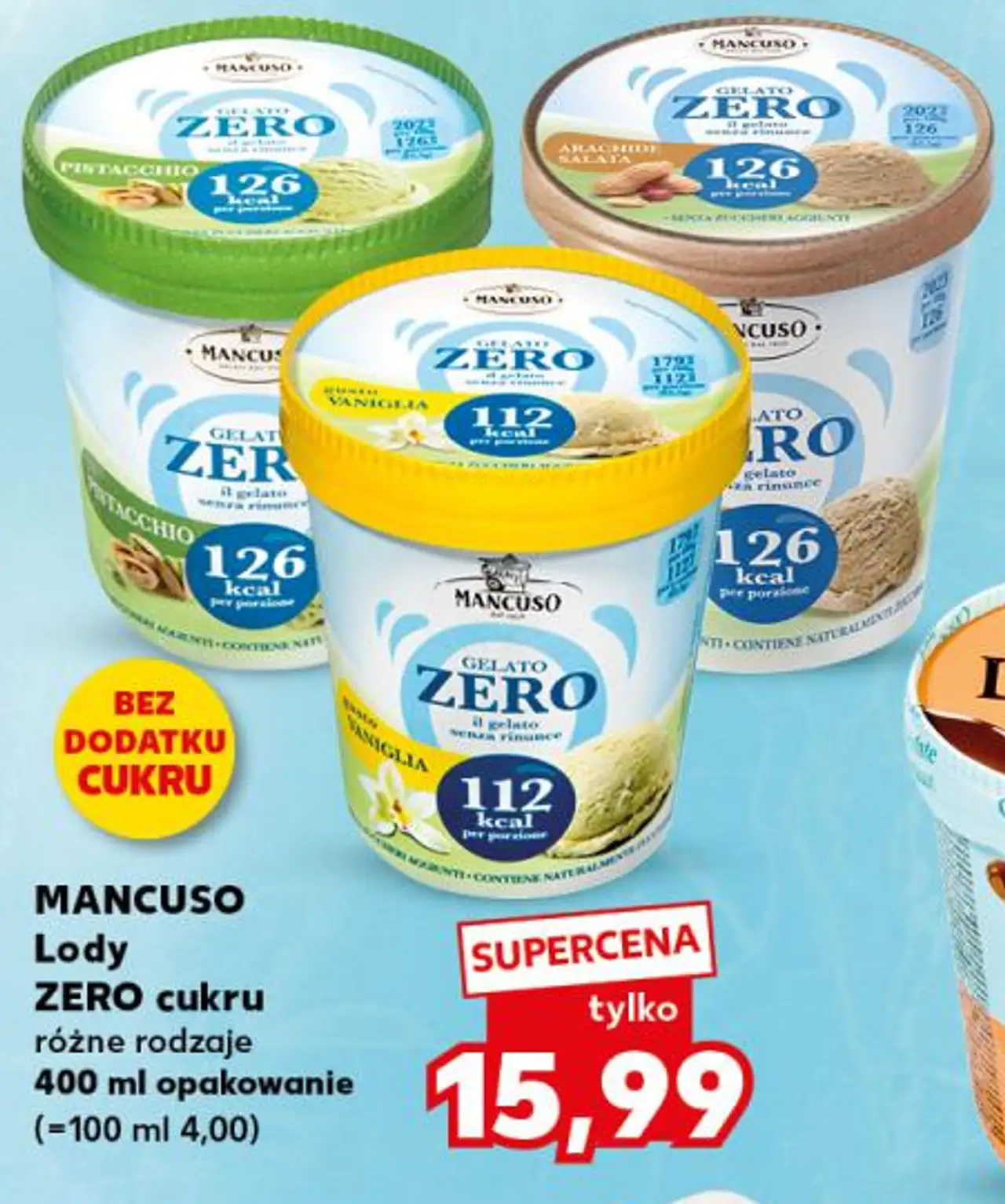 MANCUSO Lody ZERO cukru różne rodzaje 400 ml opakowanie
