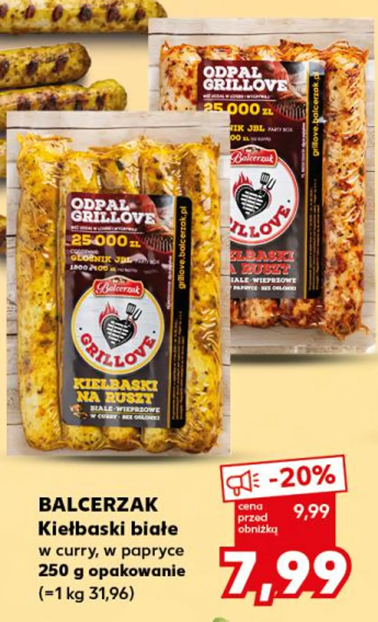 BALCERZAK Kiełbaski białe w curry, w papryce 250 g opakowanie