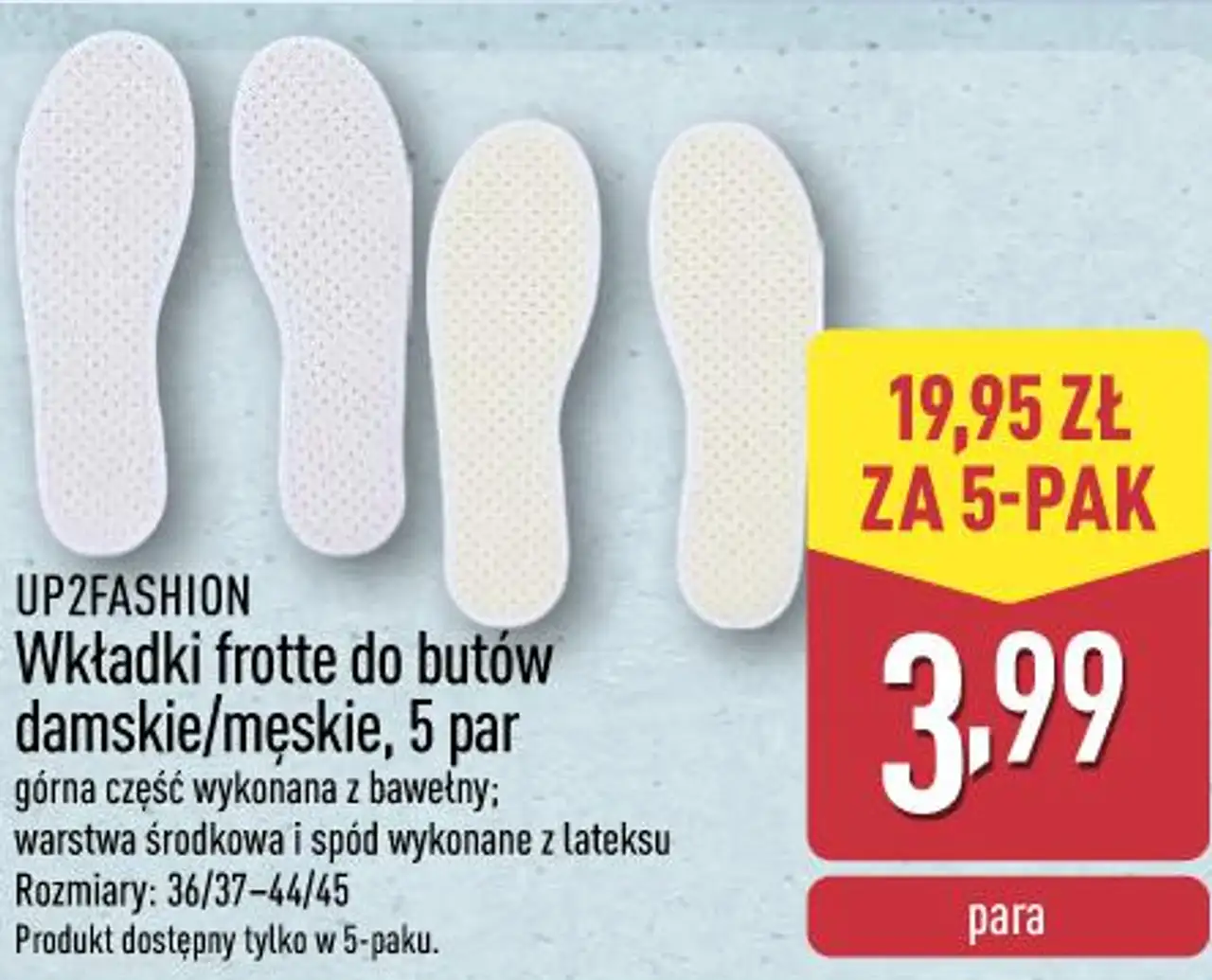 Wkładki frotte do butów damskie/męskie, 5 par UP2FASHION