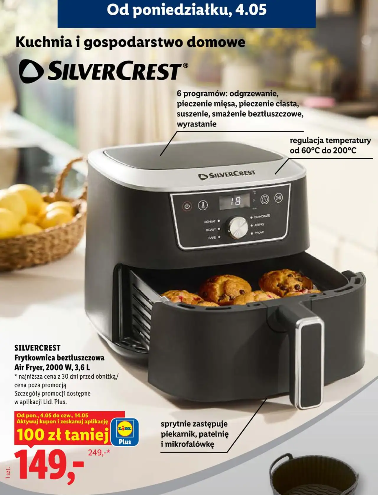 SILVERCREST Frytkownica beztłuszczowa Air Fryer, 2000 W, 3,6 L