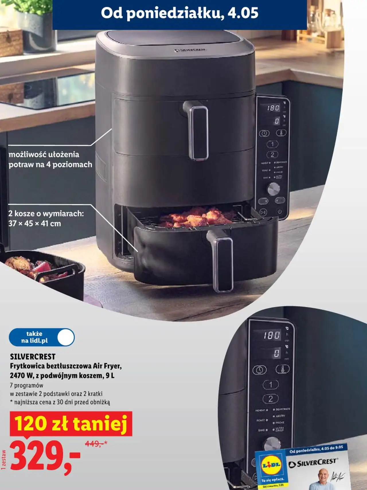 Frytkownica beztłuszczowa Air Fryer, 2470 W, z podwójnym koszem, 9 l