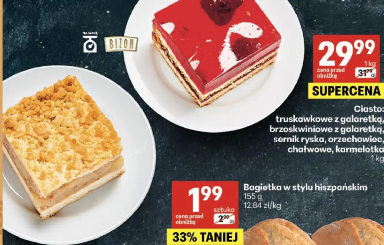 Ciasto: truskawkowe z galaretką, brzoskwiniowe z galaretką, sernik ryska, orzechowiec, chałwowe, karmelotka
