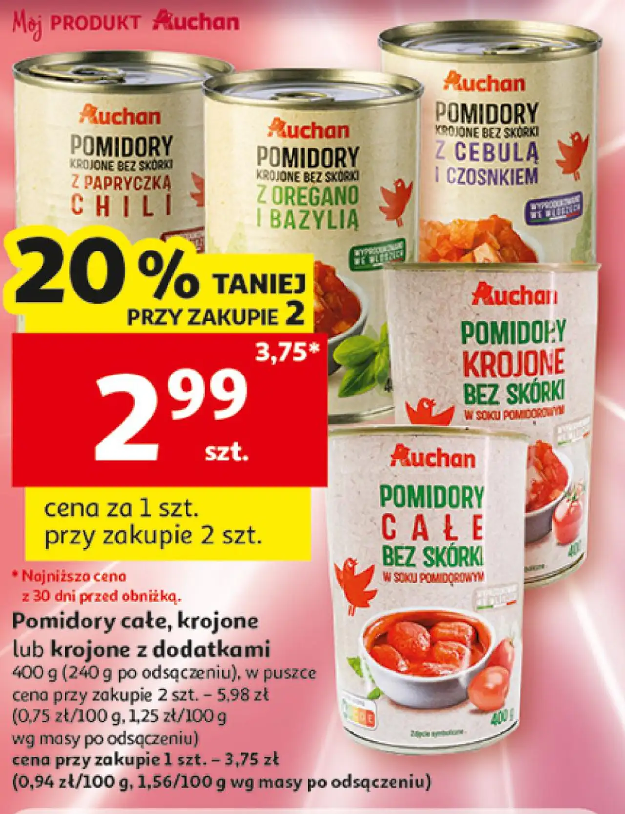Pomidory całe, krojone lub krojone z dodatkami Auchan 400 g
