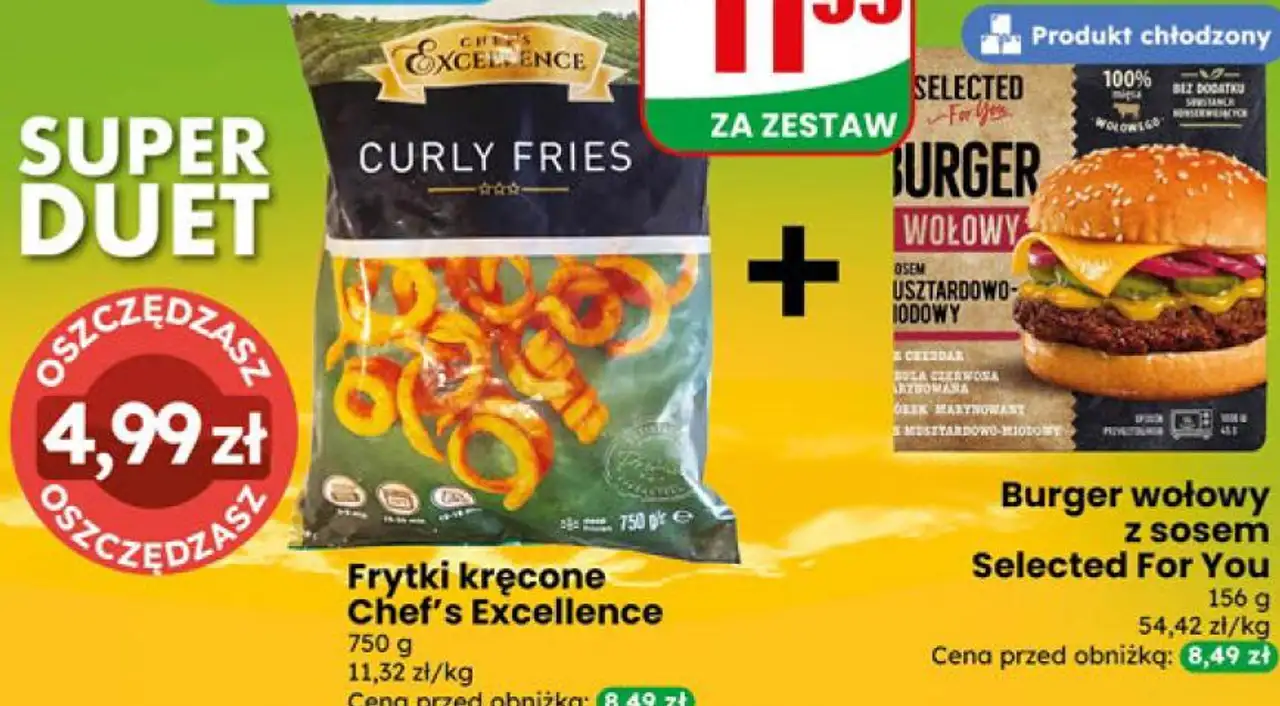 Frytki kręcone Chef's Excellence + Burger wołowy z sosem Selected For You