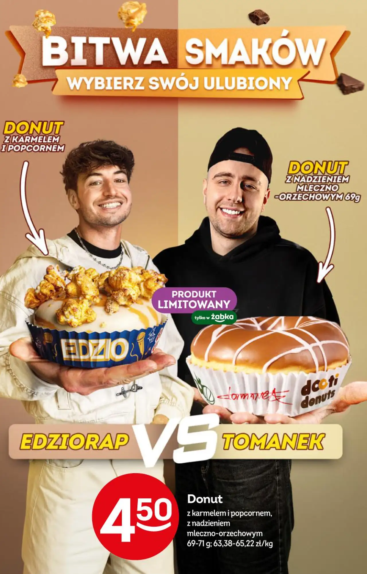 Donut z karmelem i popcornem, z nadzieniem mleczno-orzechowym 69-71g