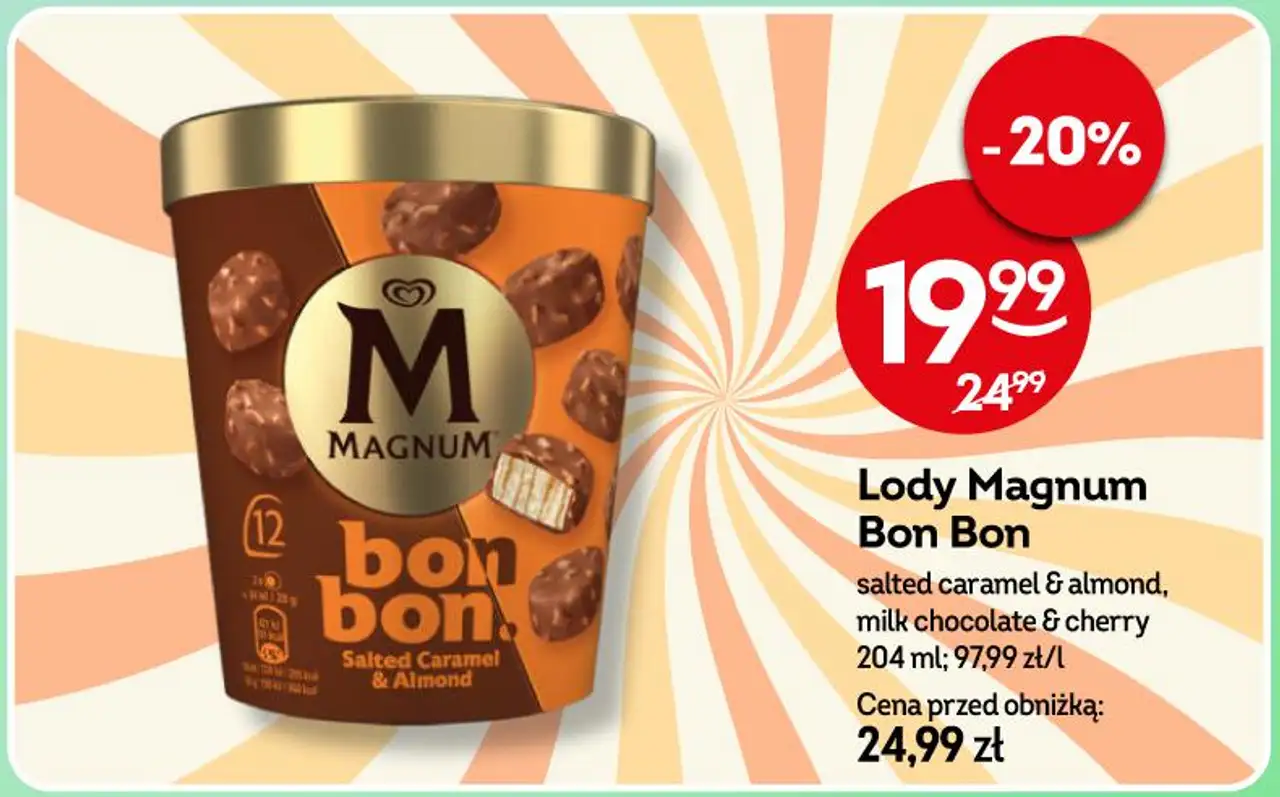 Lody Magnum Bon Bon salted caramel & almond, milk chocolate & cherry 204 ml