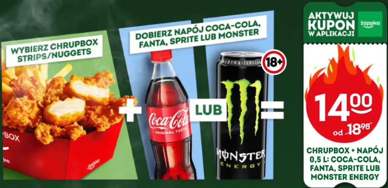 CHRUPBOX + NAPÓJ 0,5 L: COCA-COLA, FANTA, SPRITE LUB MONSTER ENERGY