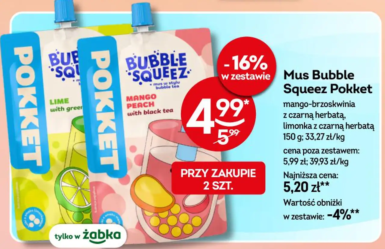 Mus Bubble Squeez Pokket mango-brzoskwinia z czarną herbatą, limonka z czarną herbatą 150 g
