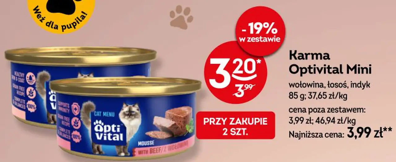 Karma Optivital Mini wołowina, łosoś, indyk 85 g