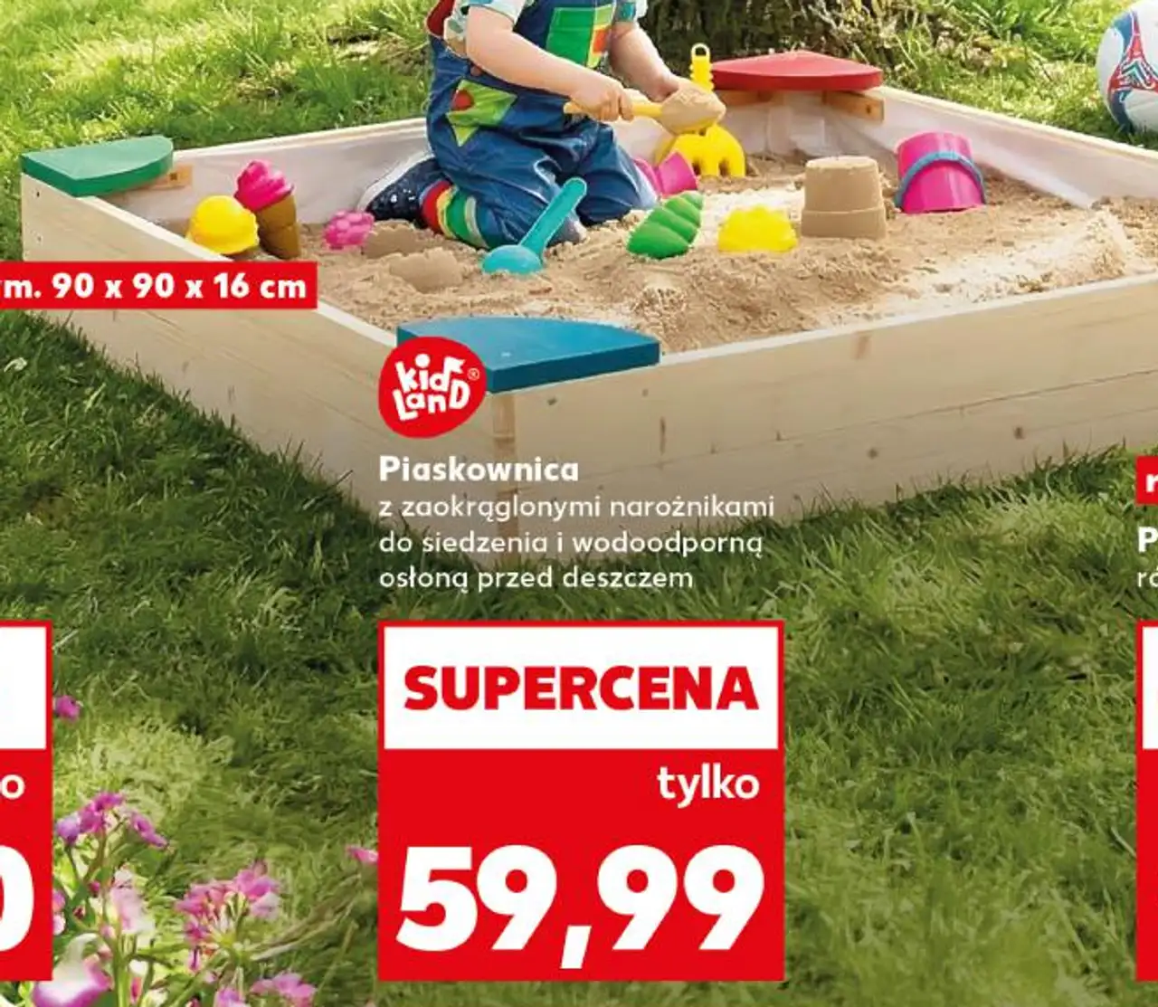Piaskownica z zaokrąglonymi narożnikami do siedzenia i wodoodporną osłoną przed deszczem
