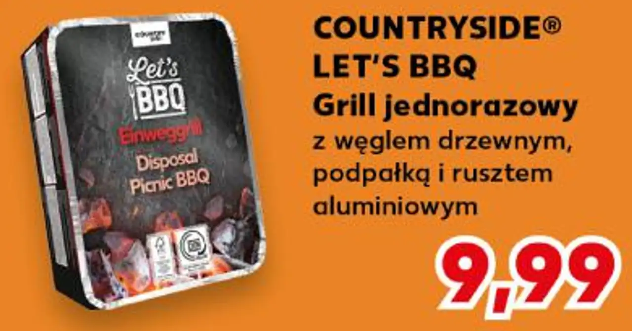 Grill jednorazowy z węglem drzewnym, podpałką i rusztem aluminiowym COUNTRYSIDE® LET'S BBQ
