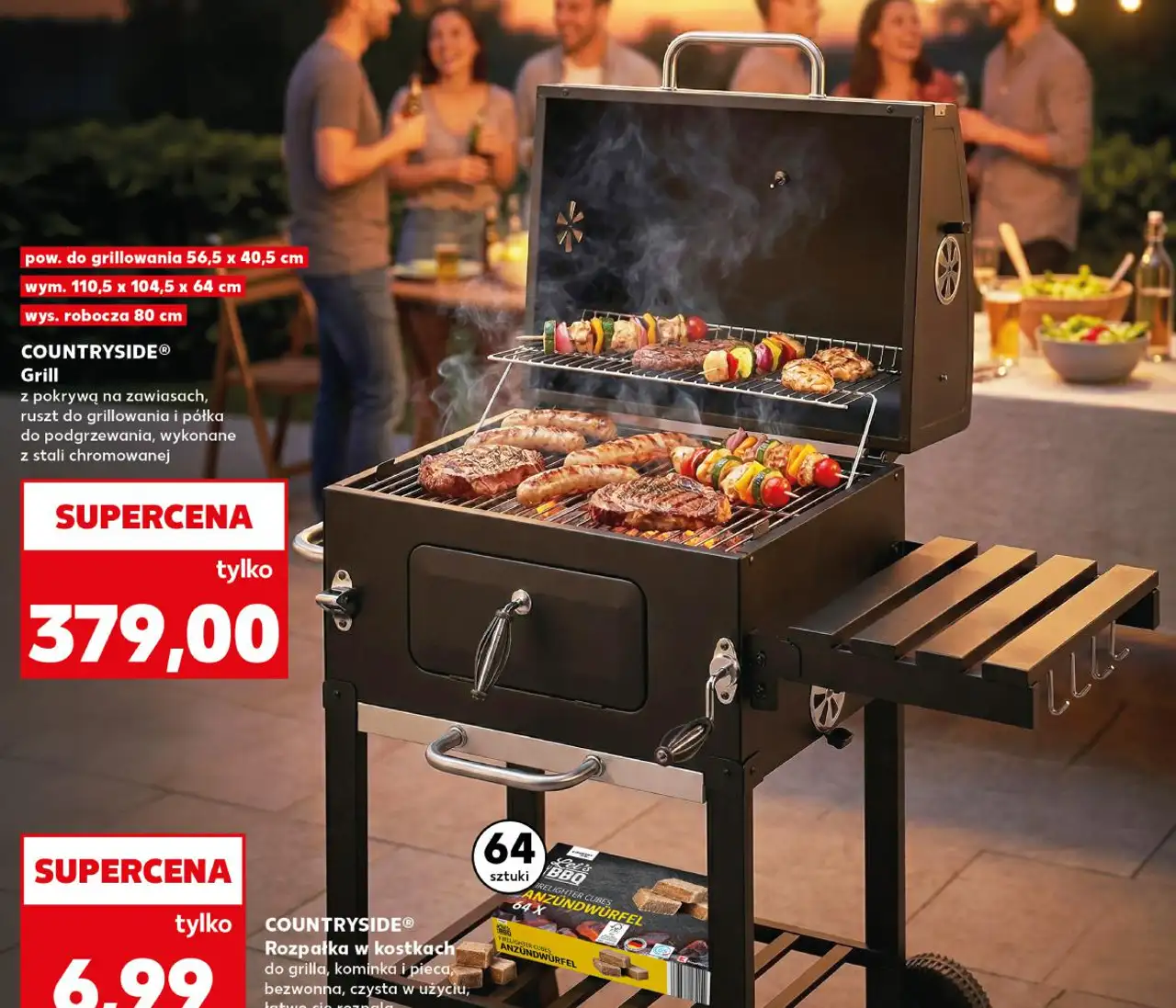 Grill z pokrywą na zawiasach, ruszt do grillowania i półka do podgrzewania, wykonane z stali chromowanej COUNTRYSIDE®