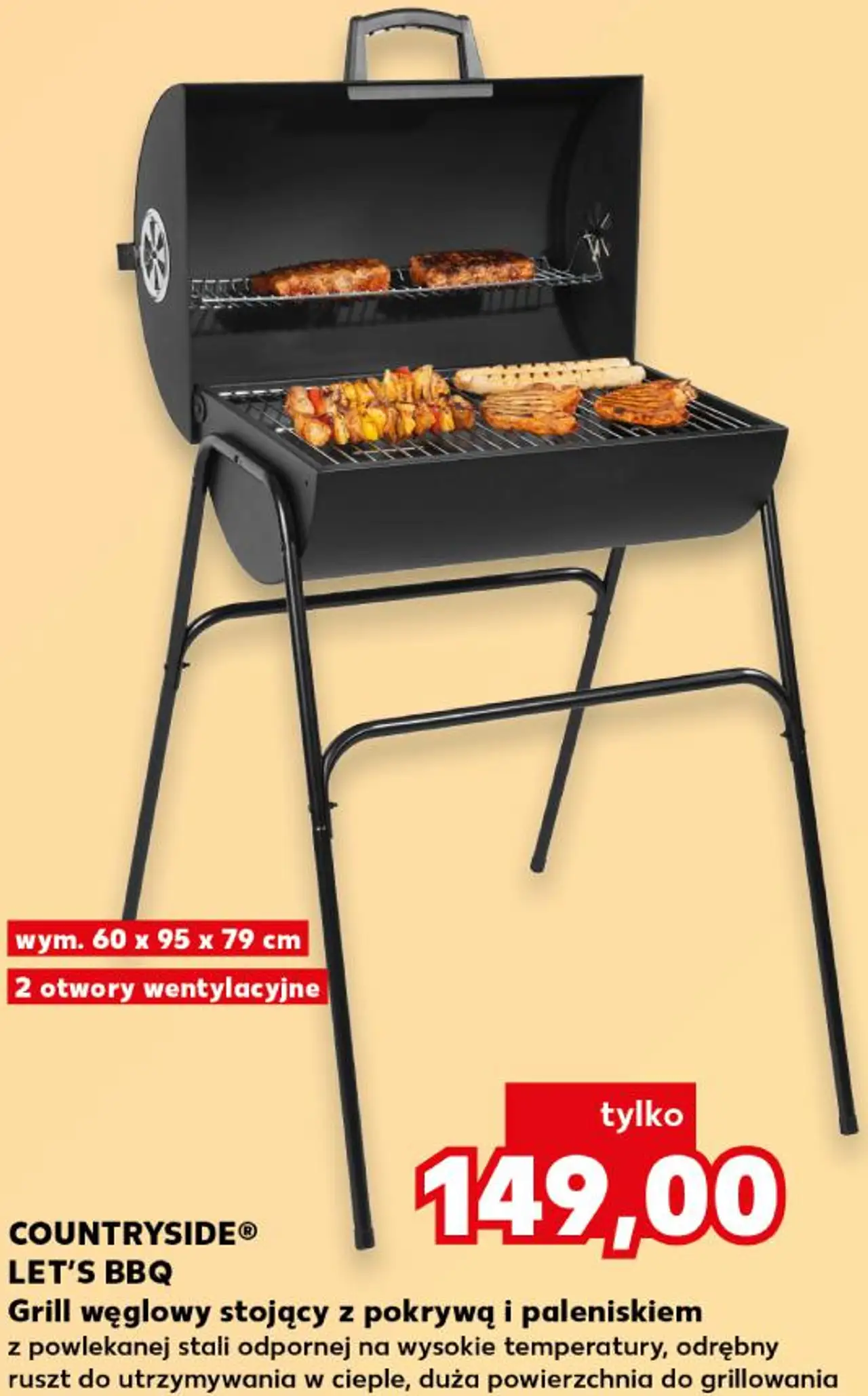 COUNTRYSIDE® LET'S BBQ Grill węglowy stojący z pokrywą i paleniskiem