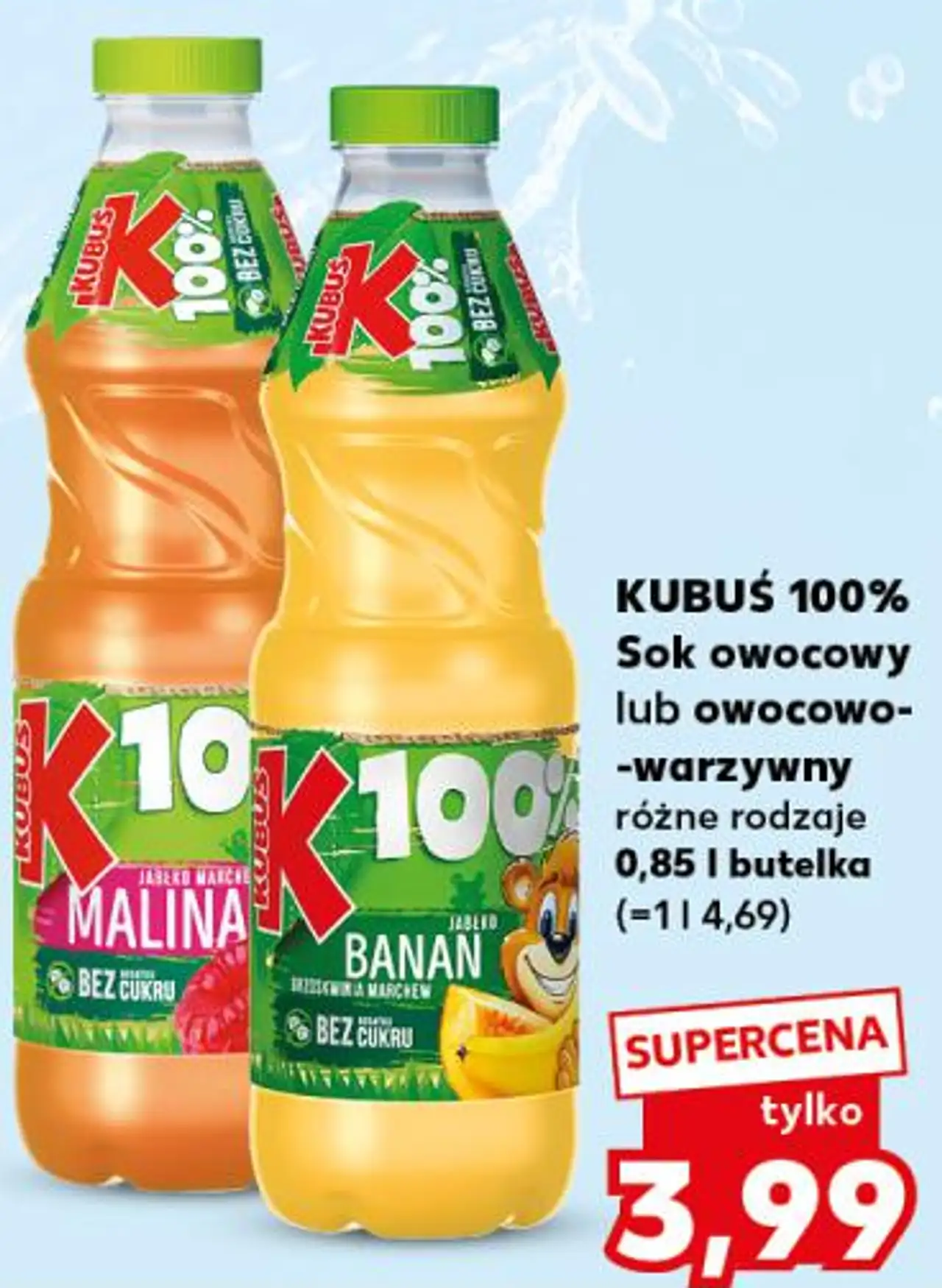 KUBUŚ 100% Sok owocowy lub owocowo-warzywny różne rodzaje 0,85 l butelka