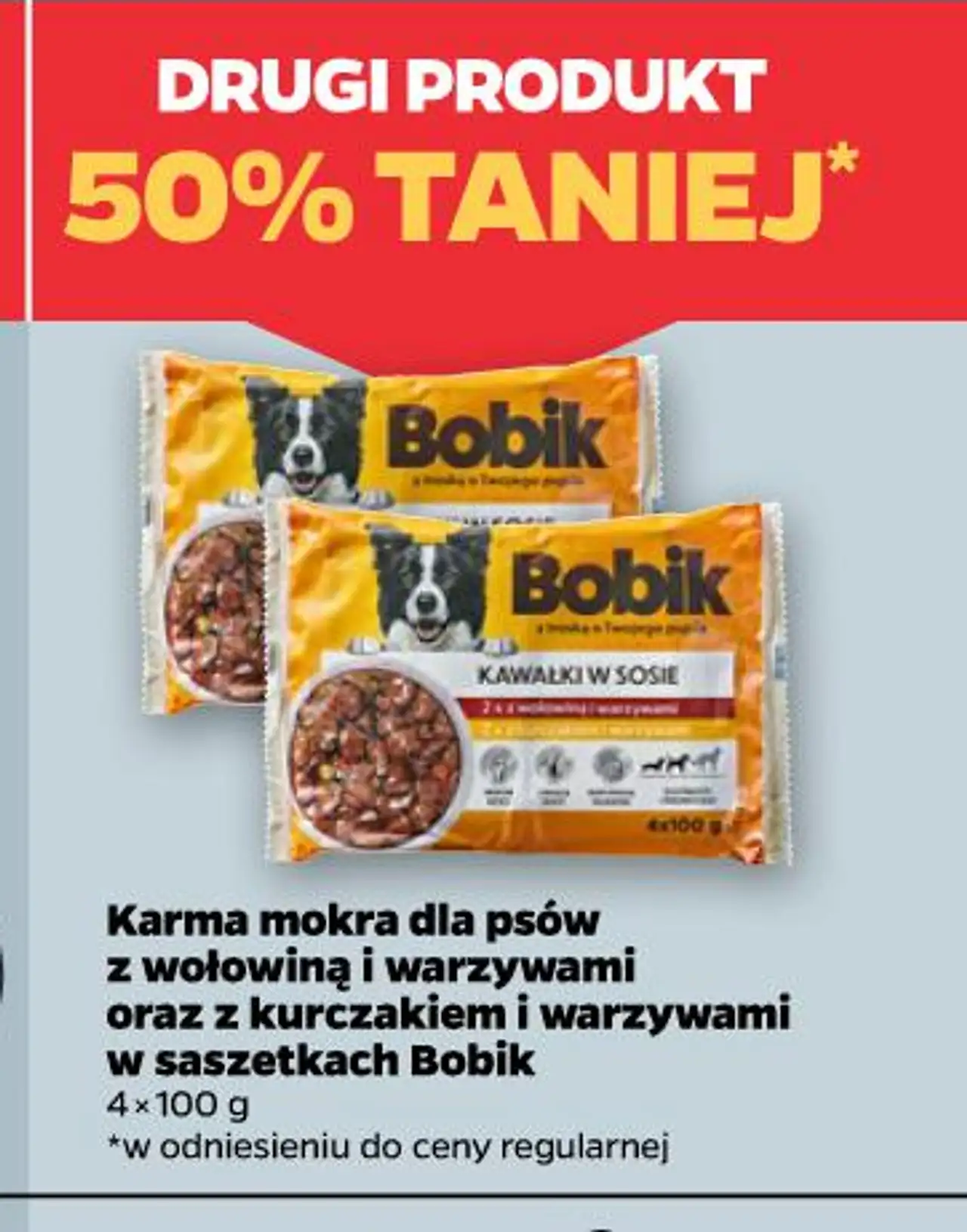 Karma mokra dla psów z wołowiną i warzywami oraz z kurczakiem i warzywami w saszetkach Bobik