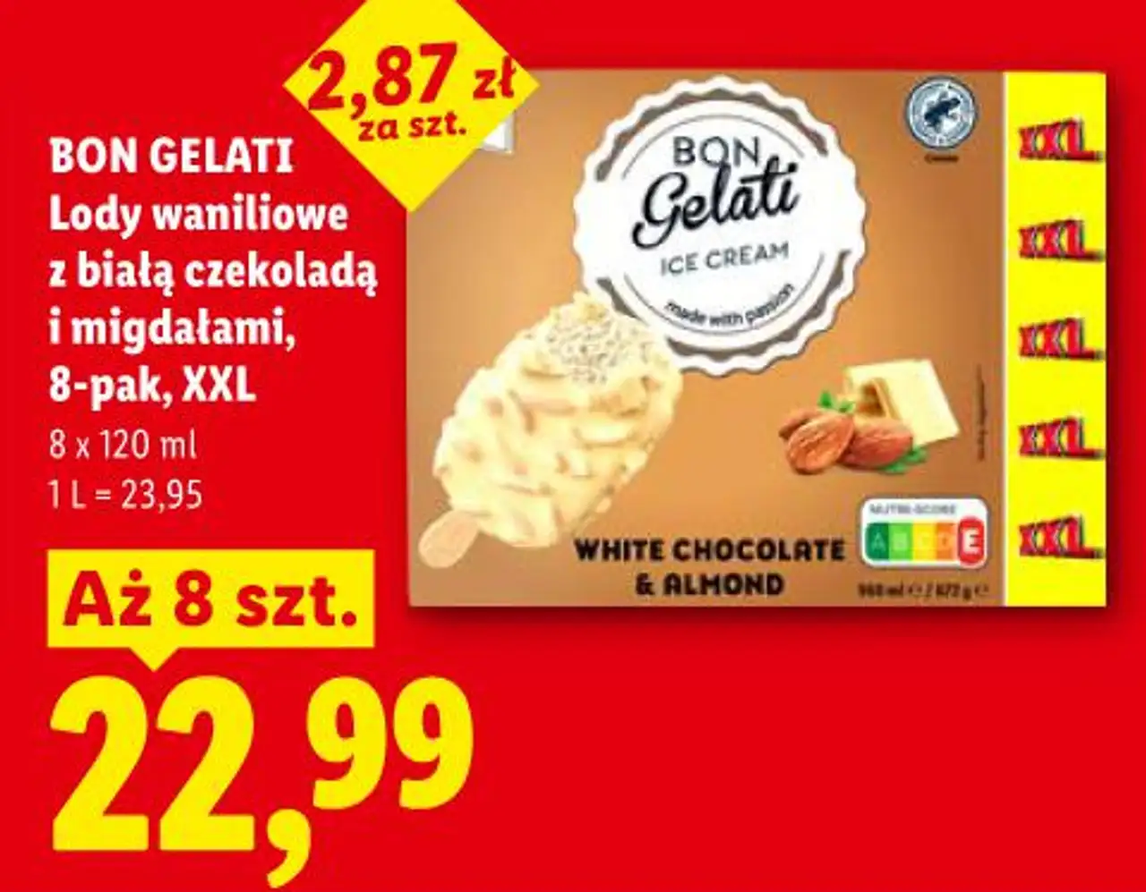BON GELATI Lody waniliowe z białą czekoladą i migdałami, 8-pak, XXL