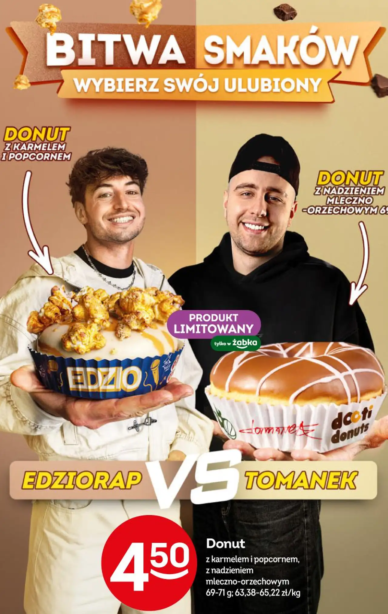 Donut z karmelem i popcornem, z nadzieniem mleczno-orzechowym 69-71 g