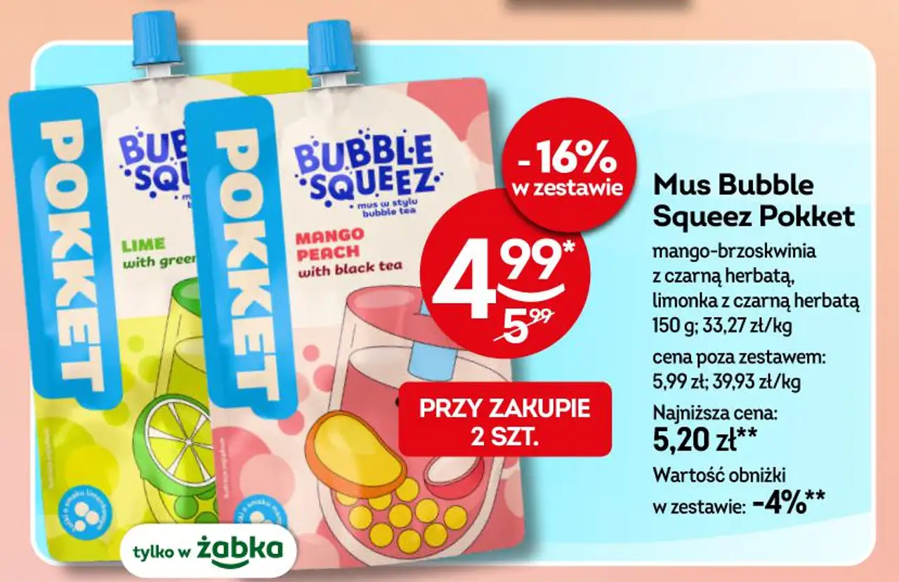 Mus Bubble Squeez Pokket mango-brzoskwinia z czarną herbatą, limonka z czarną herbatą