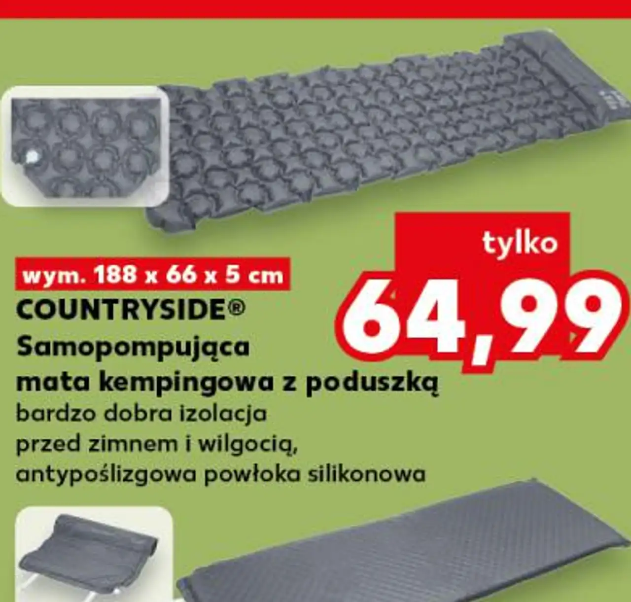 COUNTRYSIDE Samopompująca mata kempingowa z poduszką