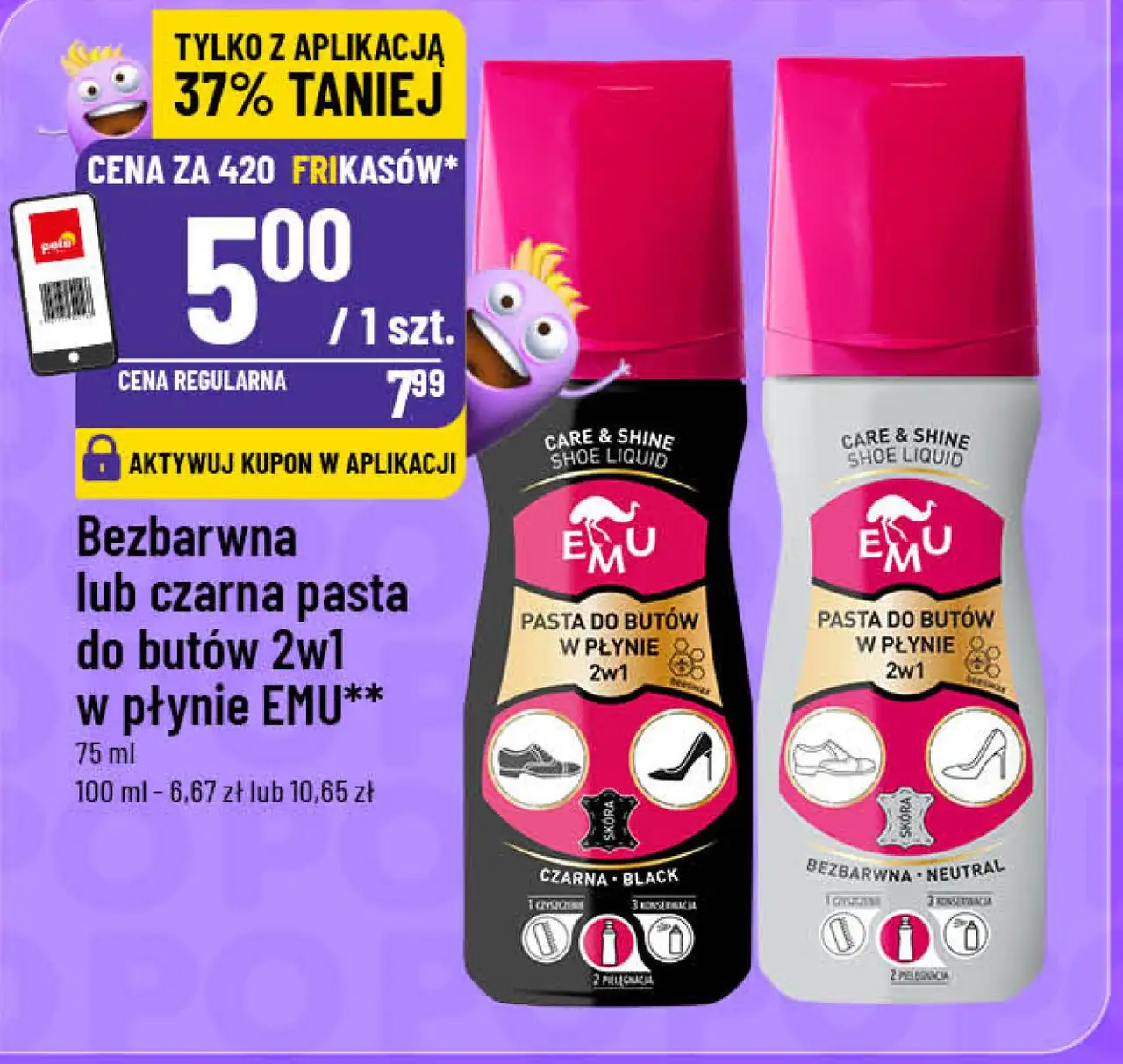 Bezbarwna lub czarna pasta do butów 2w1 w płynie EMU**