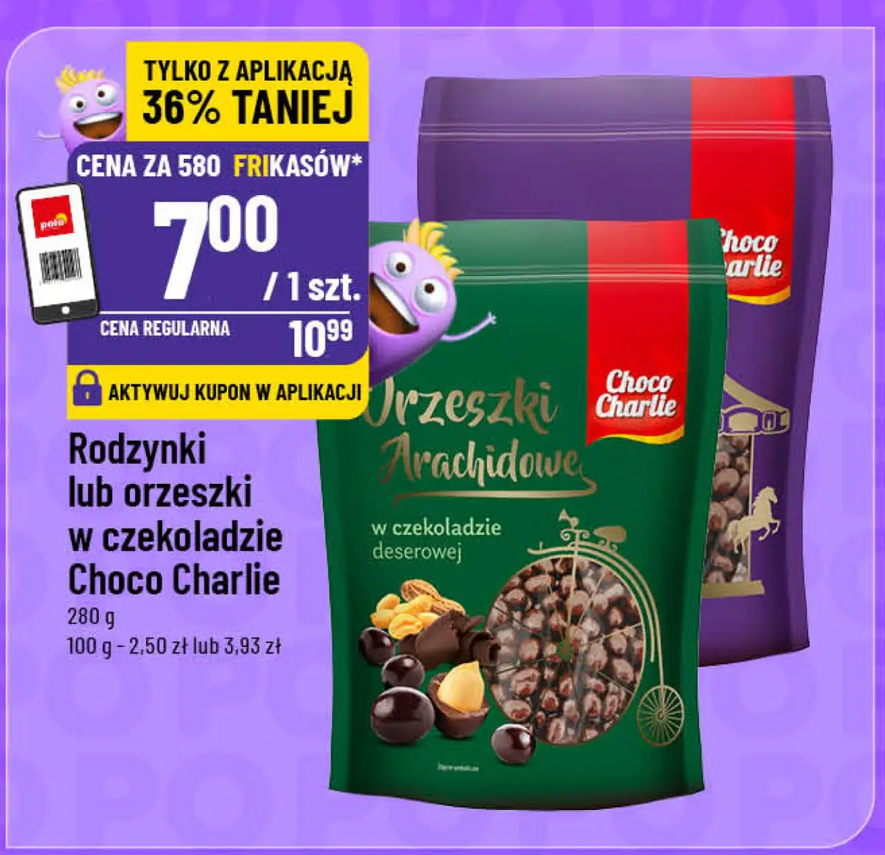 Rodzynki lub orzeszki w czekoladzie Choco Charlie