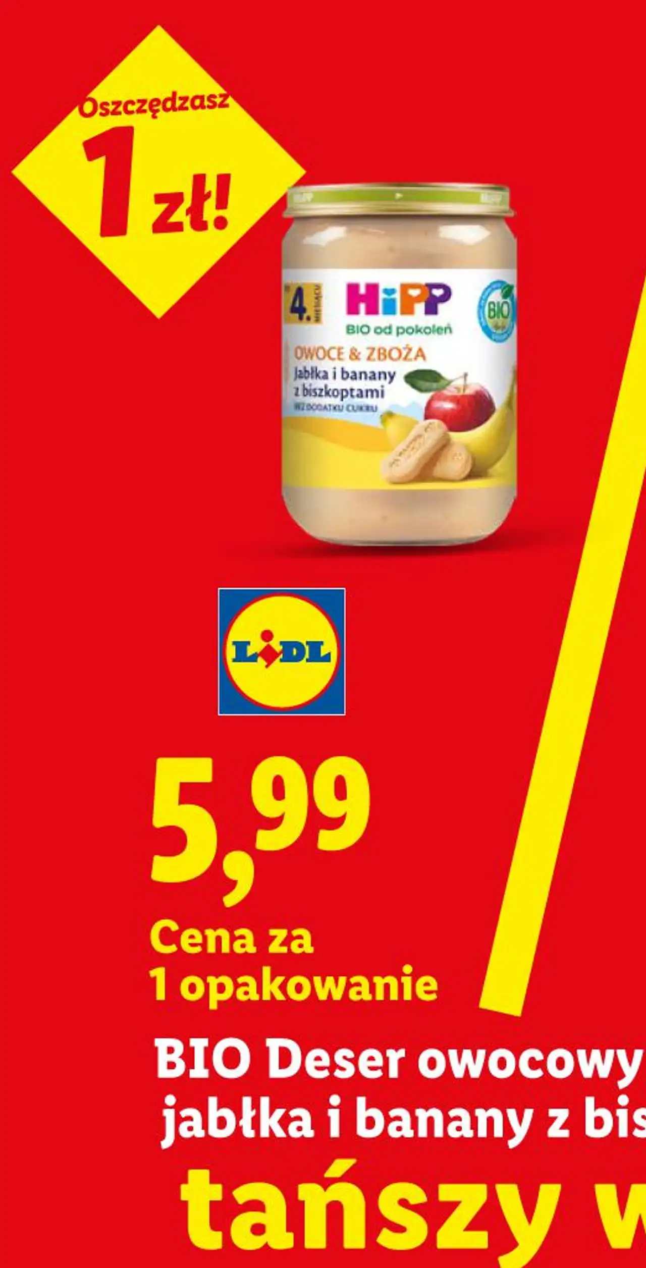 BIO Deser owocowy po 4 m-cu Hipp, jabłka i banany z biszkoptami, 190 g