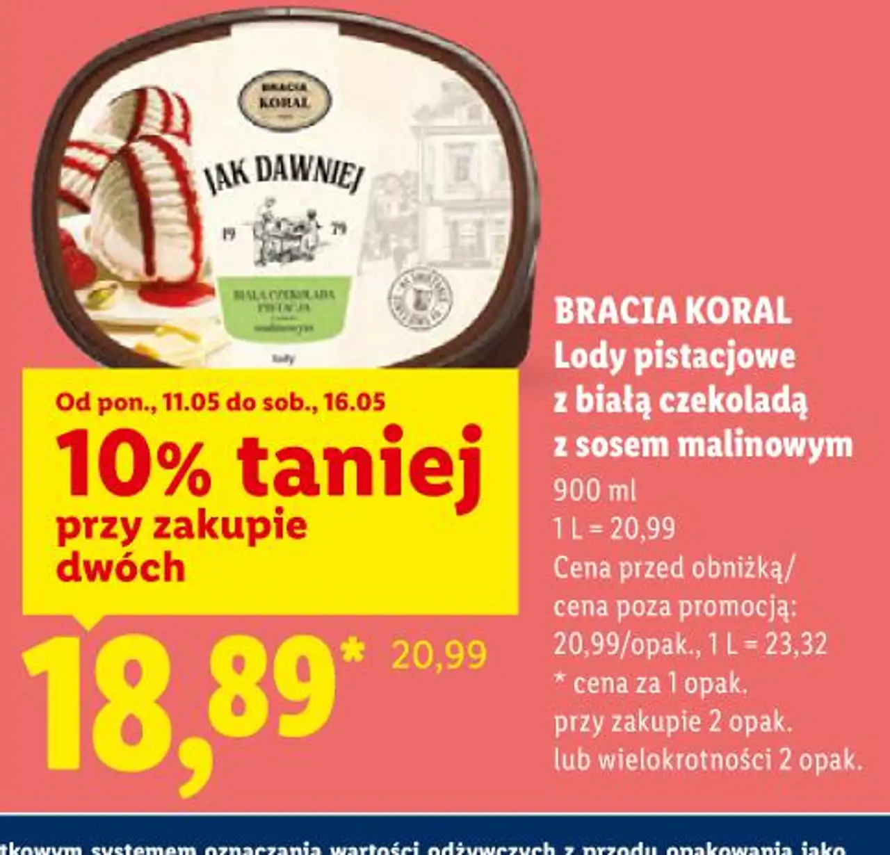 BRACIA KORAL Lody pistacjowe z białą czekoladą z sosem malinowym 900 ml