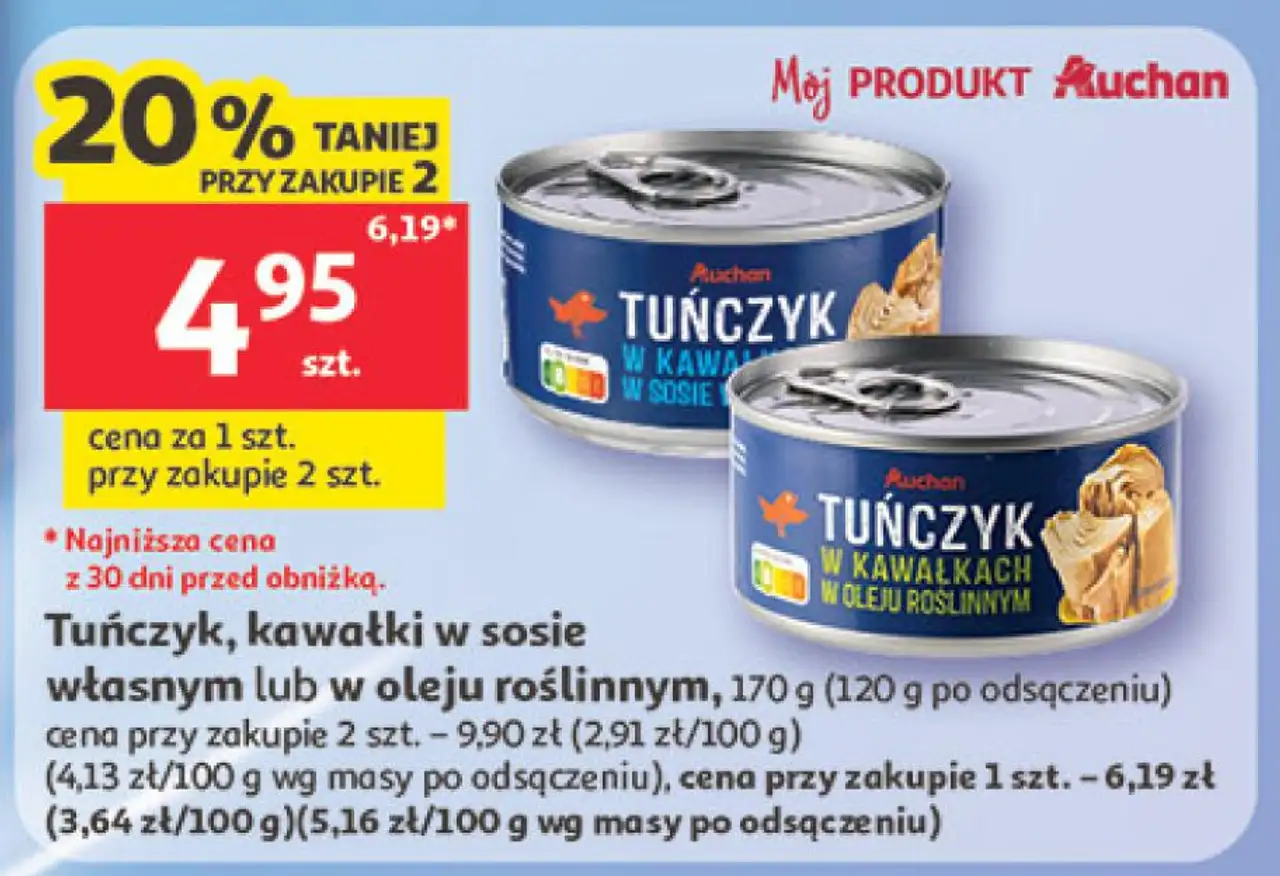 Tuńczyk, kawałki w sosie własnym lub w oleju roślinnym Auchan