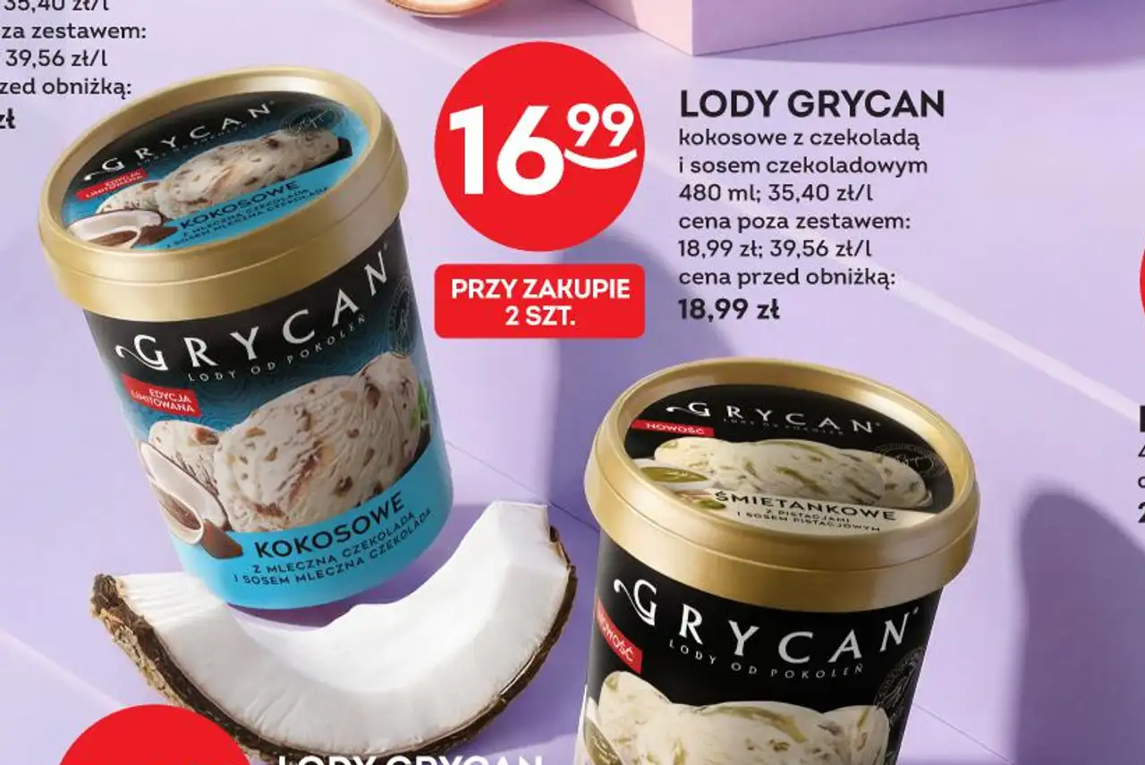 LODY GRYCAN kokosowe z czekoladą i sosem czekoladowym 480 ml
