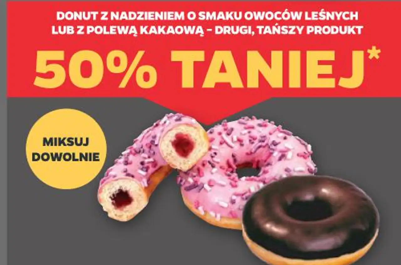 DONUT Z NADZIENIEM O SMAKU OWOCÓW LEŚNYCH LUB Z POLEWĄ KAKAOWĄ