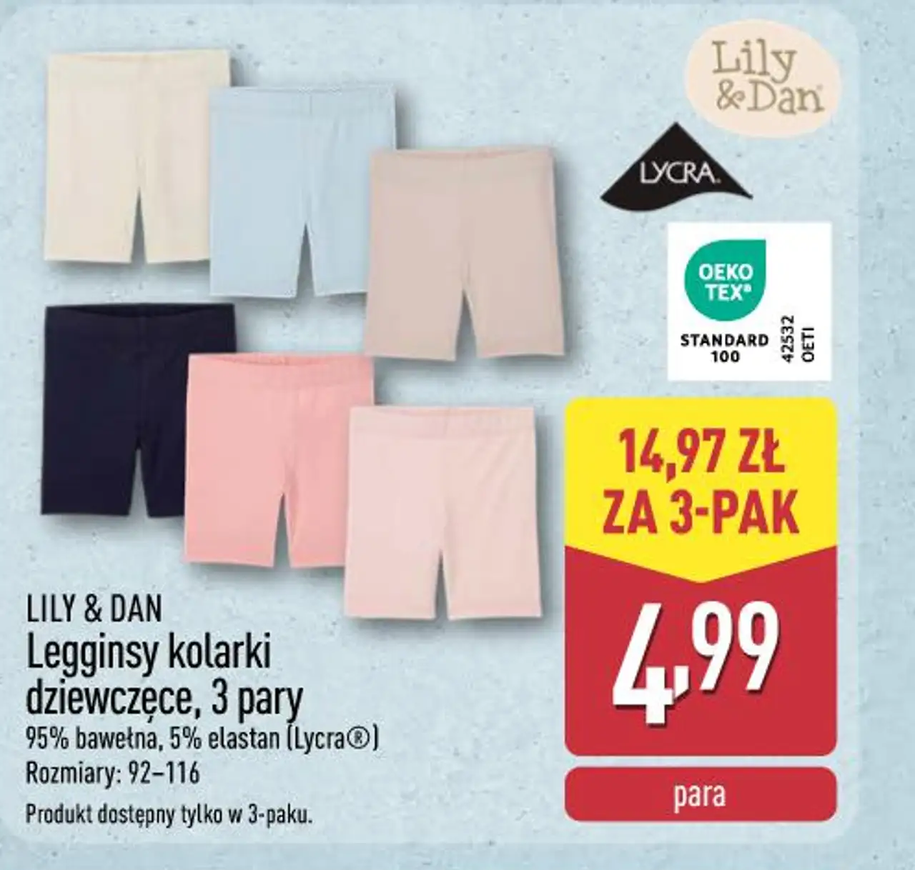 LILY & DAN Legginsy kolarki dziewczęce, 3 pary