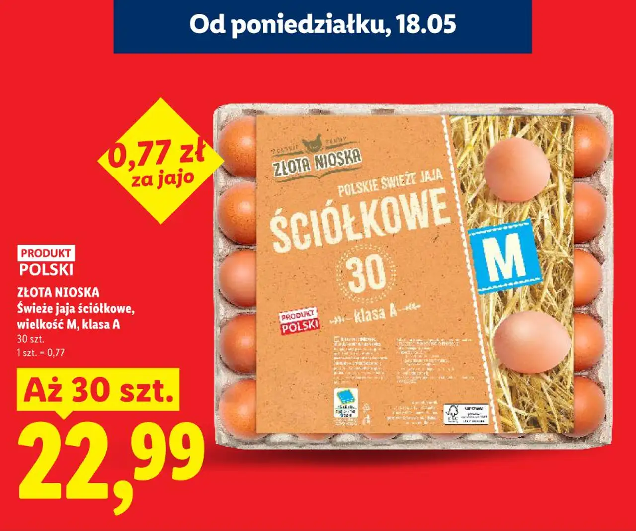 Świeże jaja ściółkowe, wielkość M, klasa A Złota Nioska