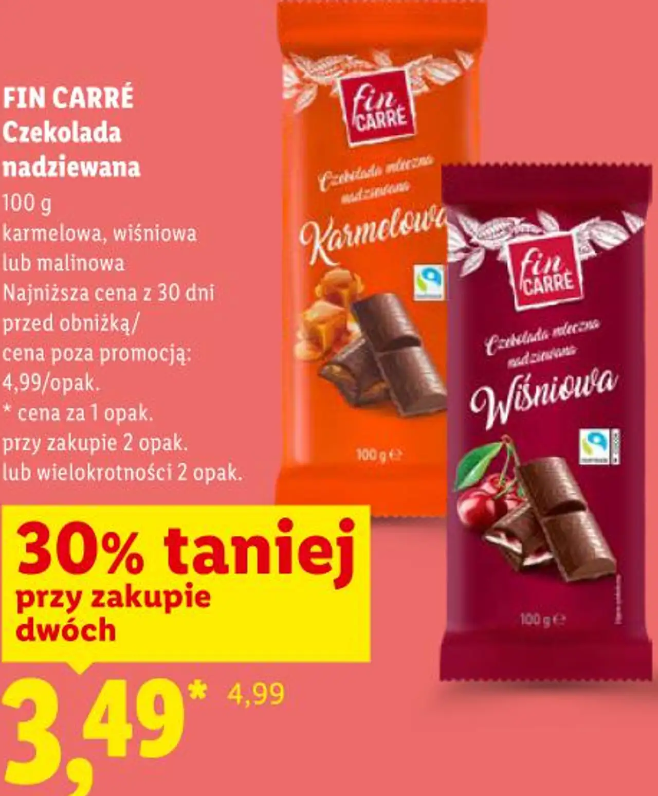 FIN CARRÉ Czekolada nadziewana 100 g karmelowa, wiśniowa lub malinowa