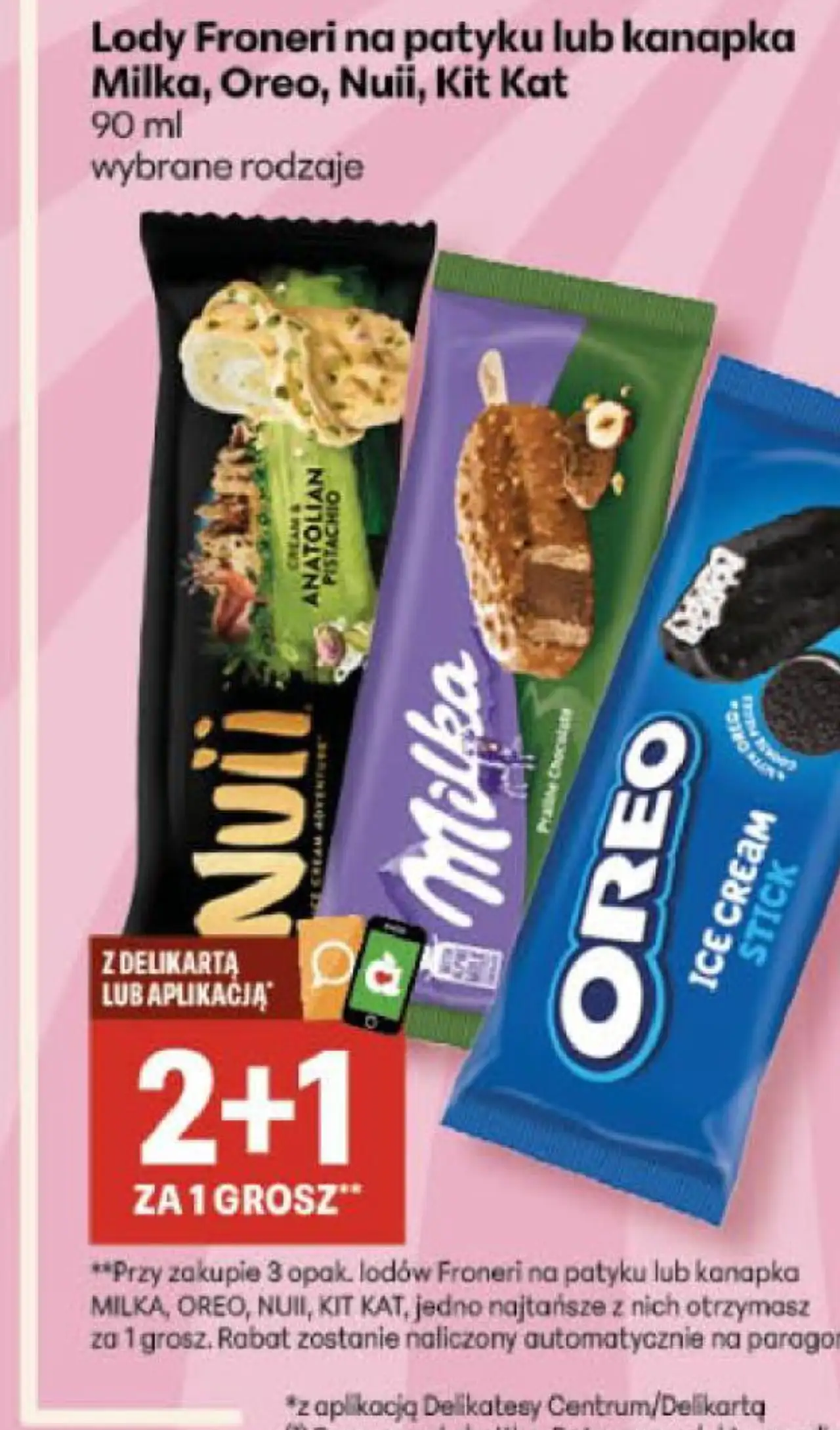 Lody Froneri na patyku lub kanapka Milka, Oreo, Nuii, Kit Kat