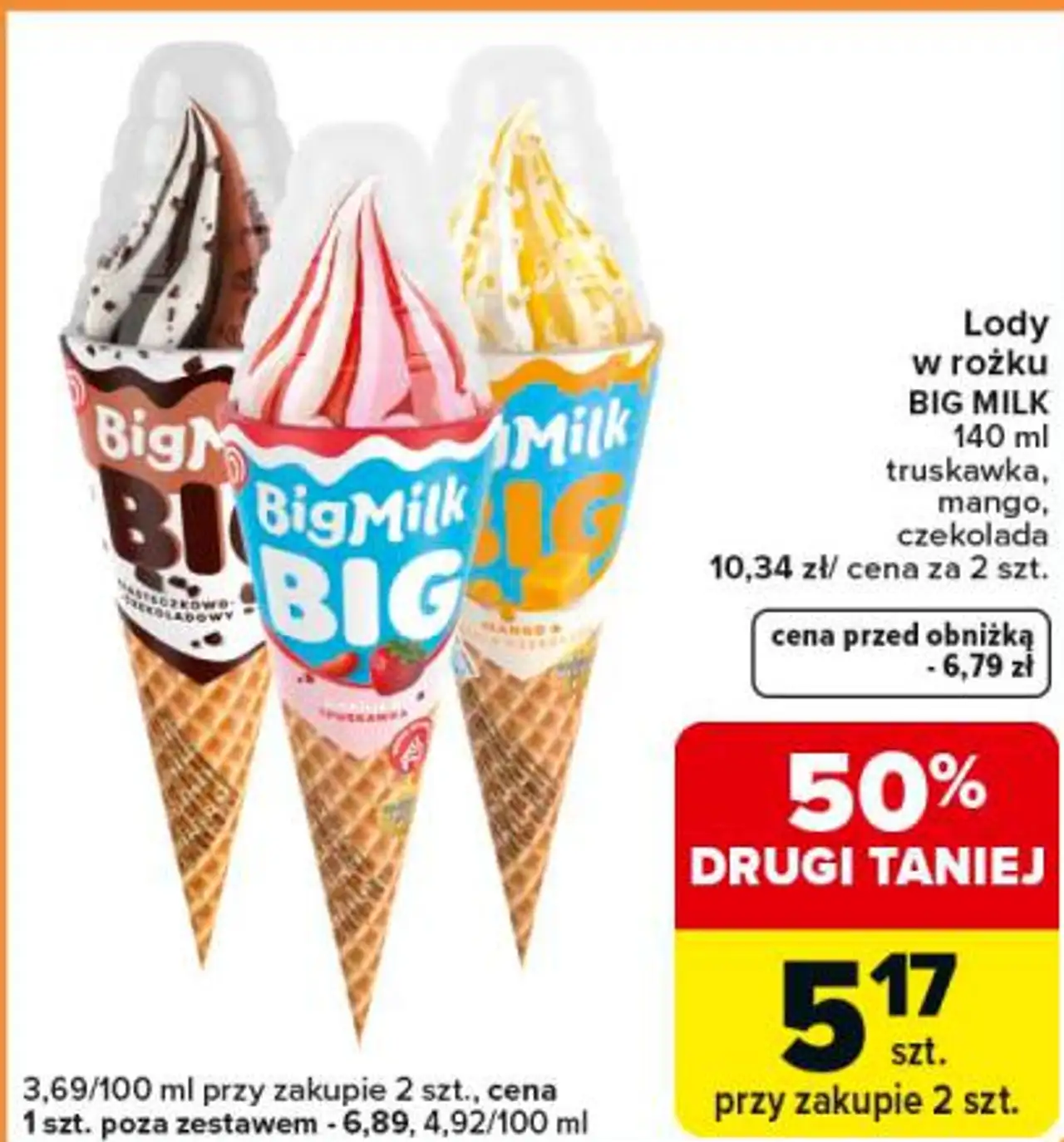 Lody w rożku BIG MILK 140 ml truskawka, mango, czekolada