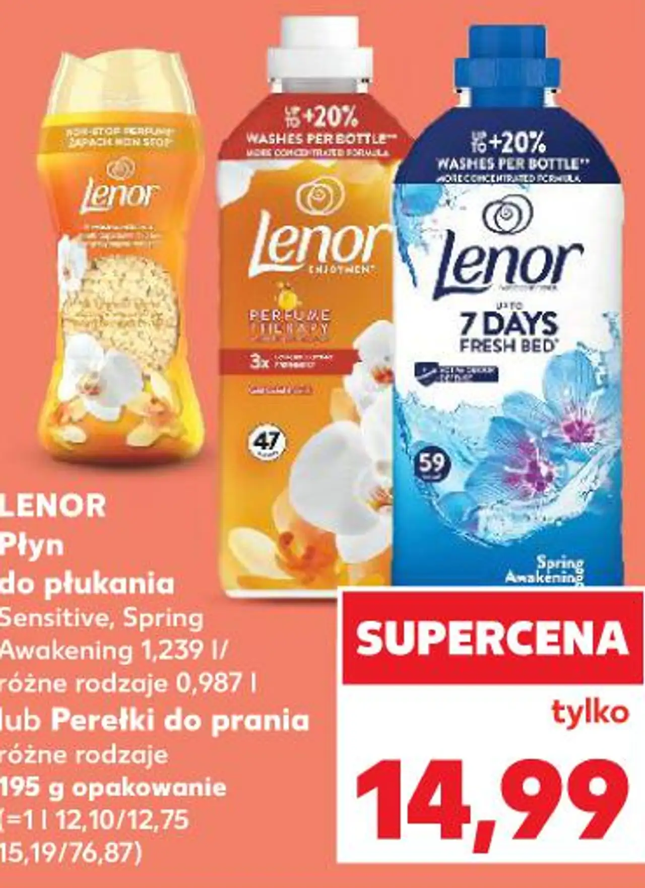 Lenor Płyn do płukania Sensitive, Spring Awakening 1,239 l/ różne rodzaje 0,987 l lub Perełki do prania różne rodzaje 195 g opakowanie