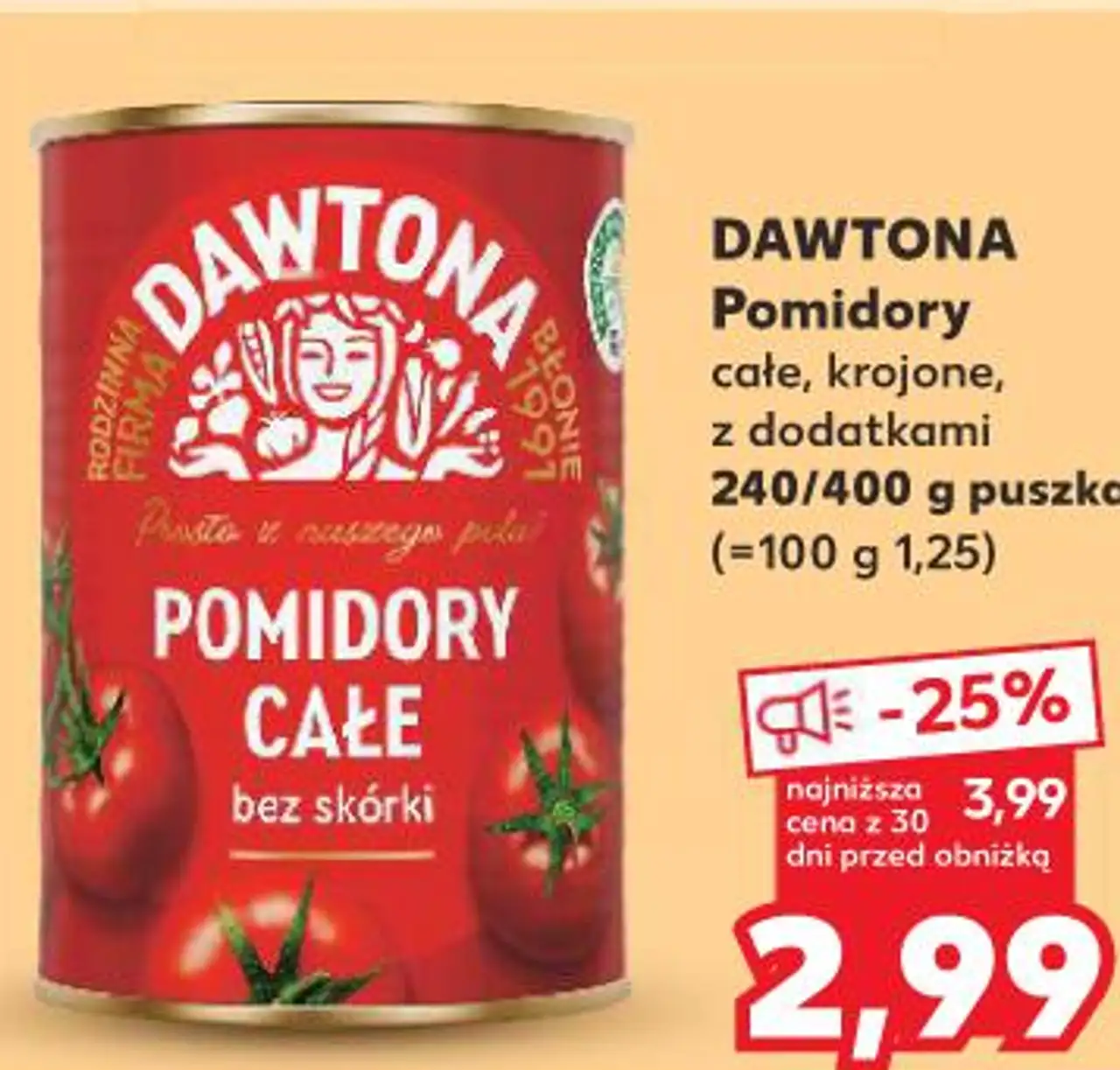 DAWTONA Pomidory całe, krojone, z dodatkami 240/400 g puszka