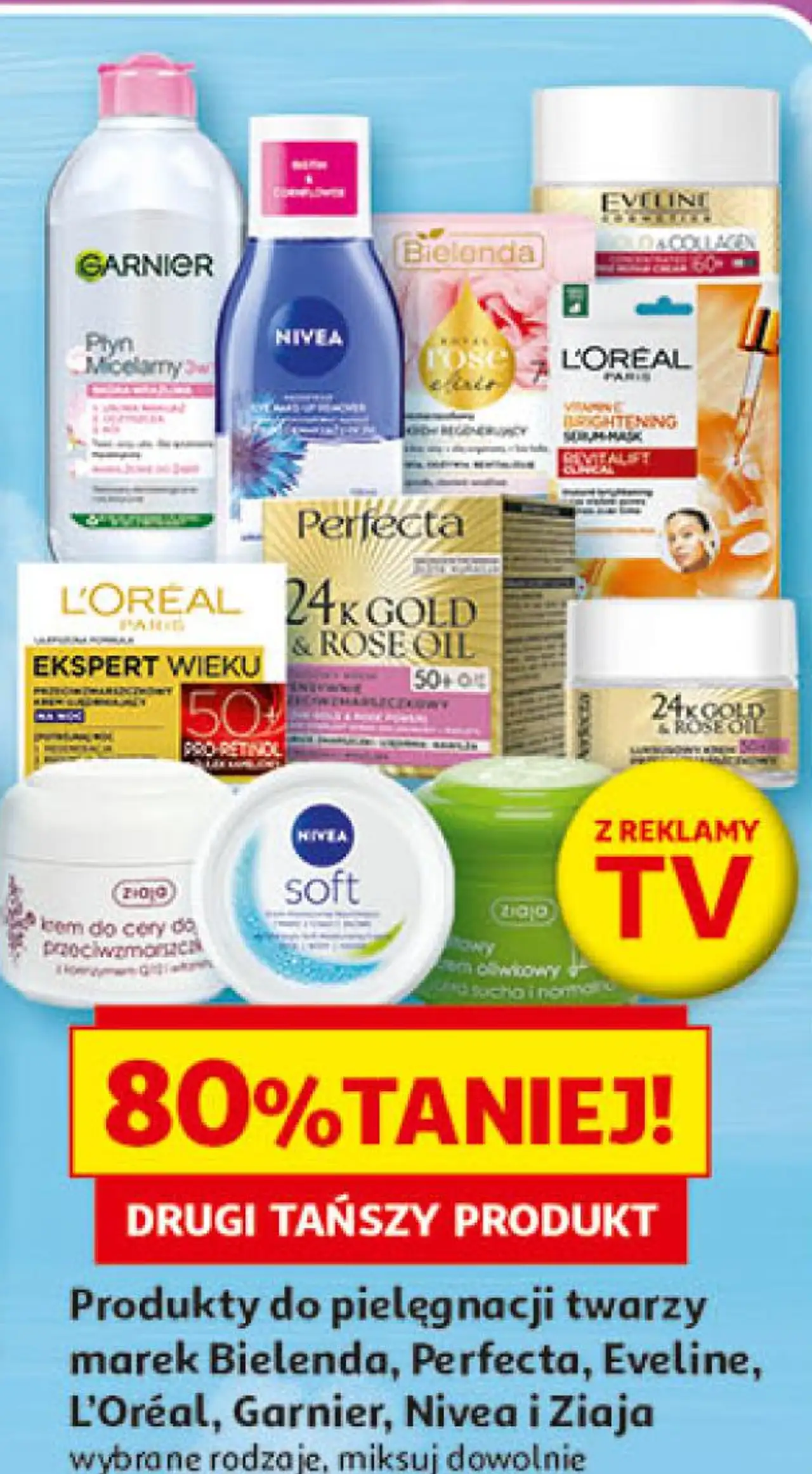 Produkty do pielęgnacji twarzy marek Bielenda, Perfecta, Eveline, L'Oréal, Garnier, Nivea i Ziaja