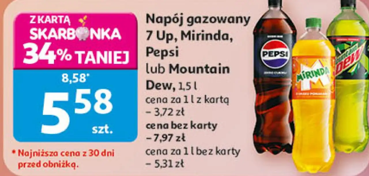 Napój gazowany 7 Up, Mirinda, Pepsi lub Mountain Dew, 1,5 l