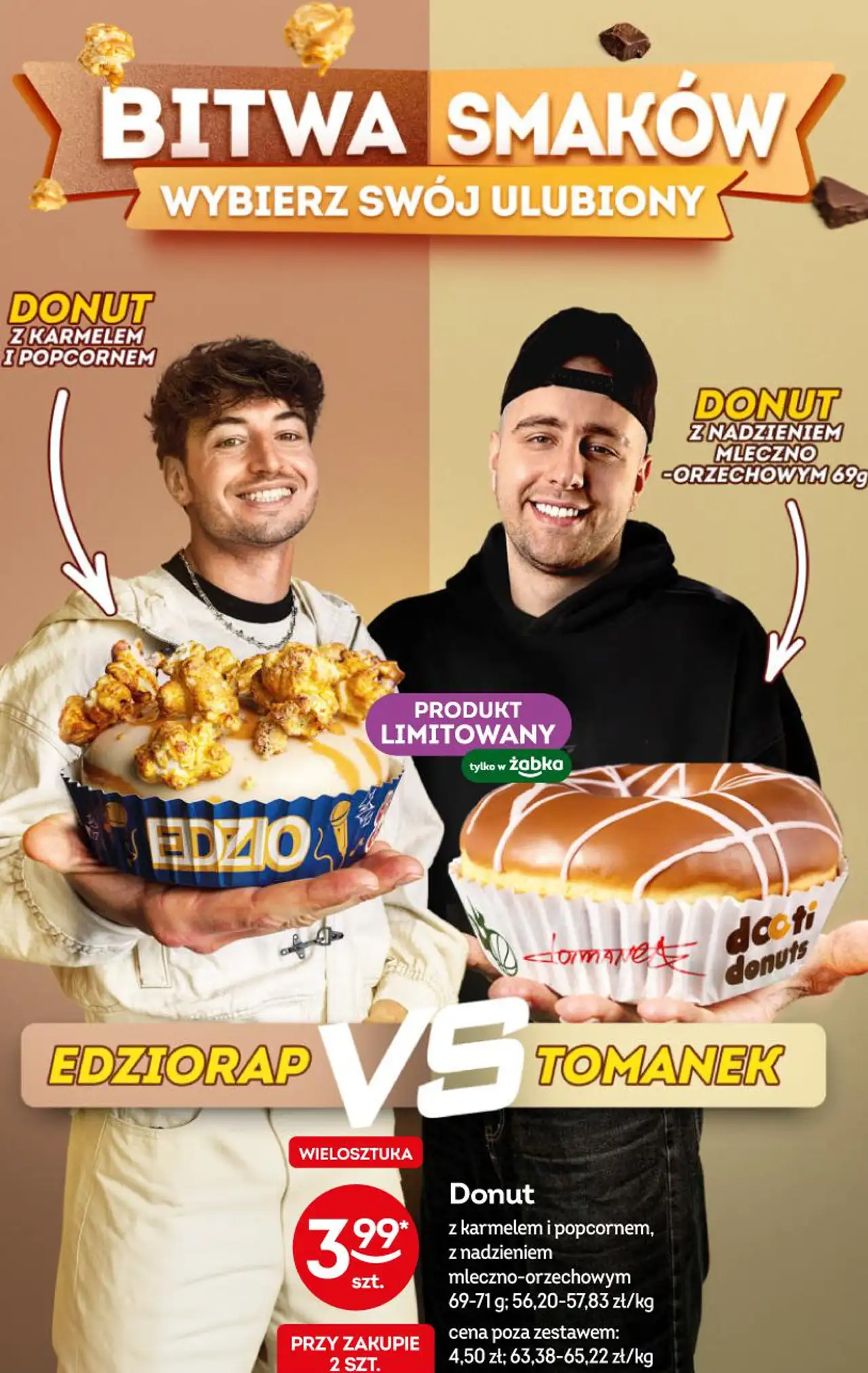 Donut z karmelem i popcornem, z nadzieniem mleczno-orzechowym 69-71 g