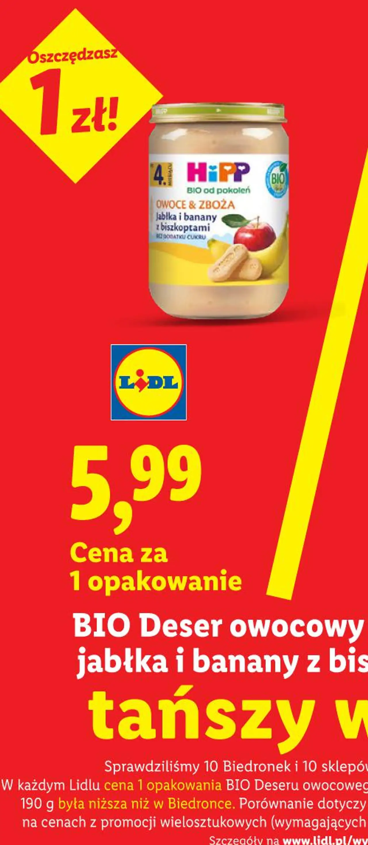 BIO Deser owocowy po 4 m-cu Hipp, jabłka i banany z biszkoptami, 190 g