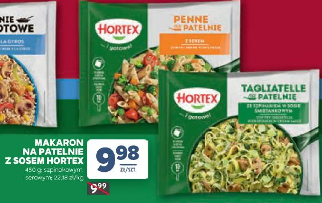 MAKARON NA PATELNIĘ Z SOSEM HORTEX 450 g; szpinakowym, serowym; 22,18 zł/kg
