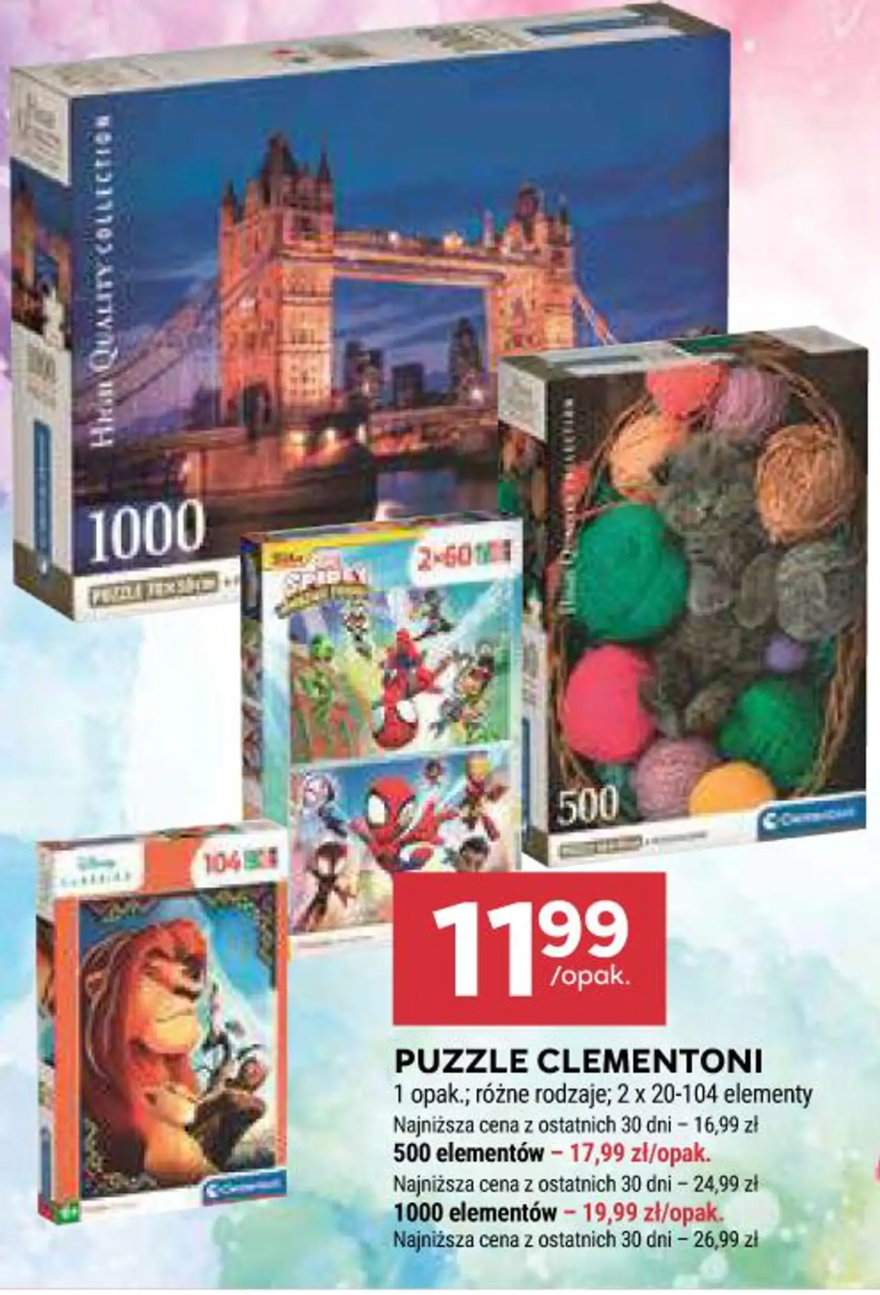 PUZZLE CLEMENTONI 1 opak.; różne rodzaje; 2 x 20-104 elementy