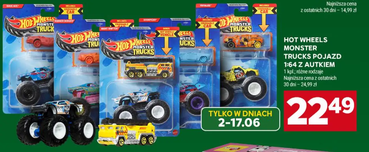 Hot Wheels Monster Trucks Pojazd 1:64 z autkiem